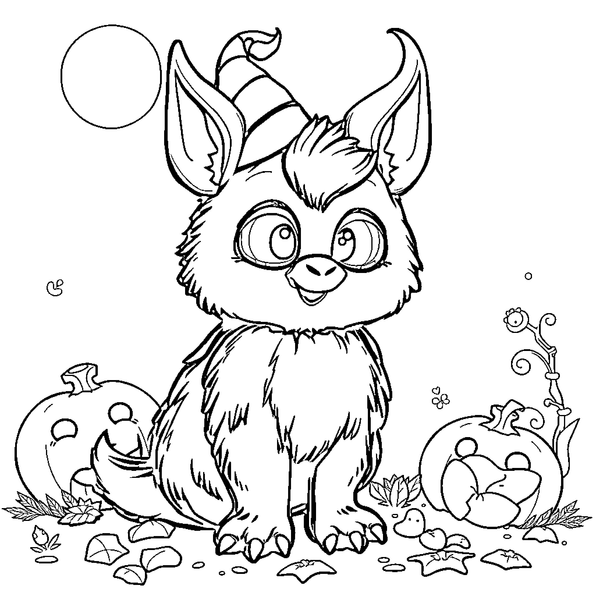 Unicorn-like creature playing in autumn leaves Coloring Page (free black-and-white line drawing printable PDF for all, from beginners to advanced learners, including children, teens, adults, and seniors)
