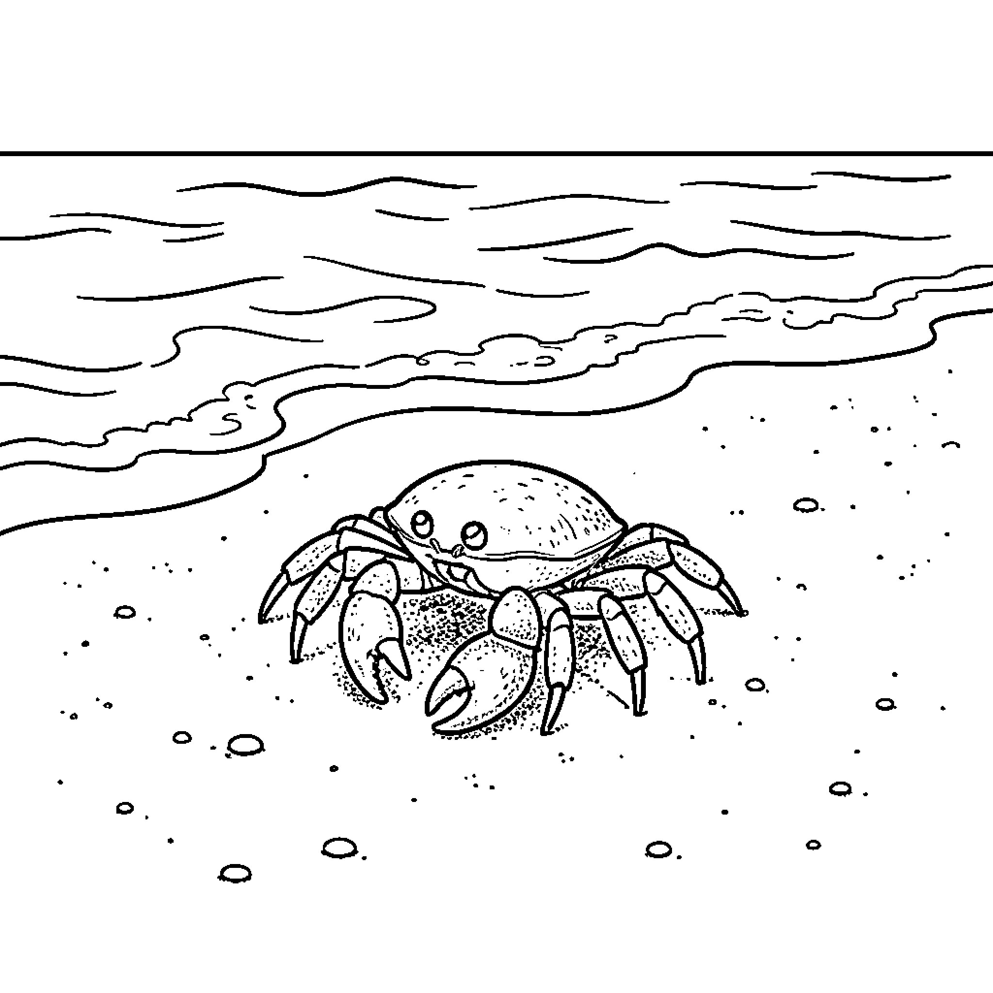 Crab walking along the sandy beach shore Coloring Page (free black-and-white line drawing printable PDF for all, from beginners to advanced learners, including children, teens, adults, and seniors)
