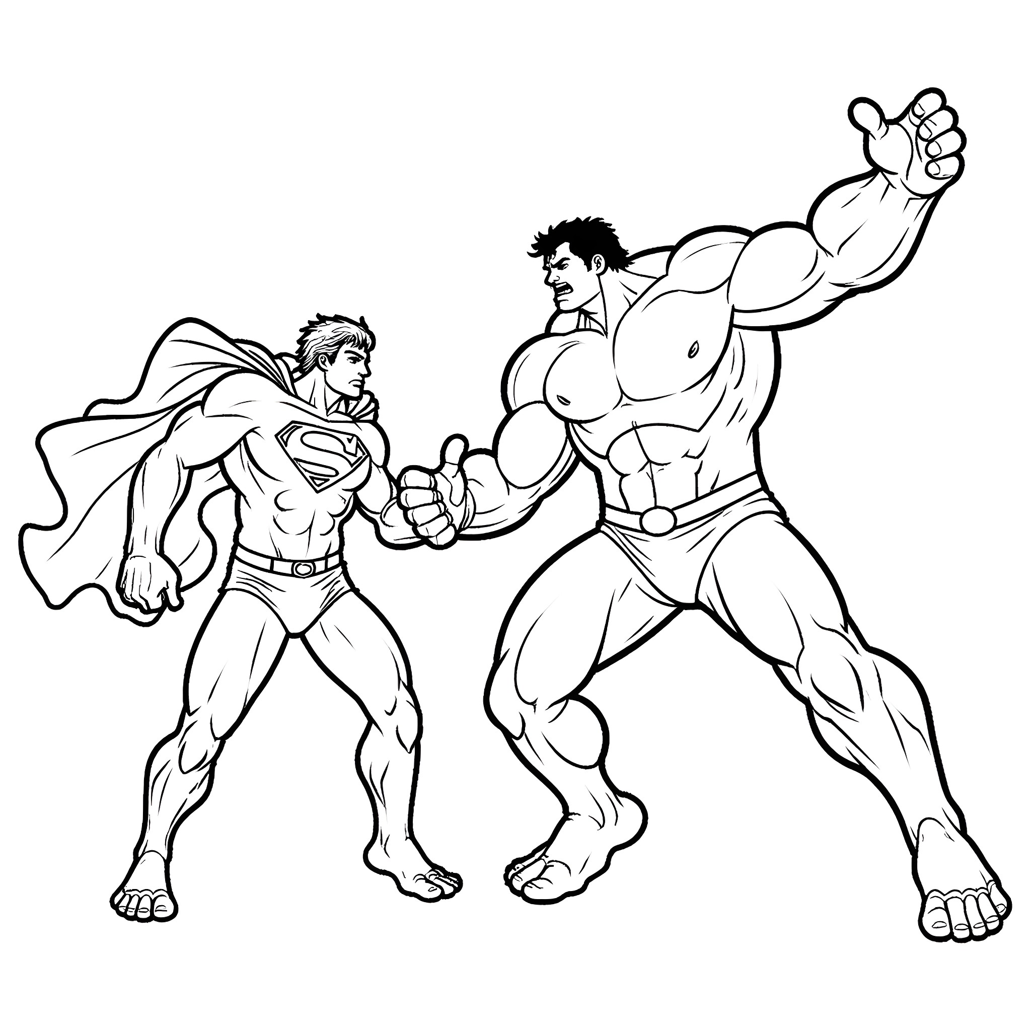 Superman battles a muscular villain Coloring Page (free black-and-white line drawing printable PDF for all, from beginners to advanced learners, including children, teens, adults, and seniors)