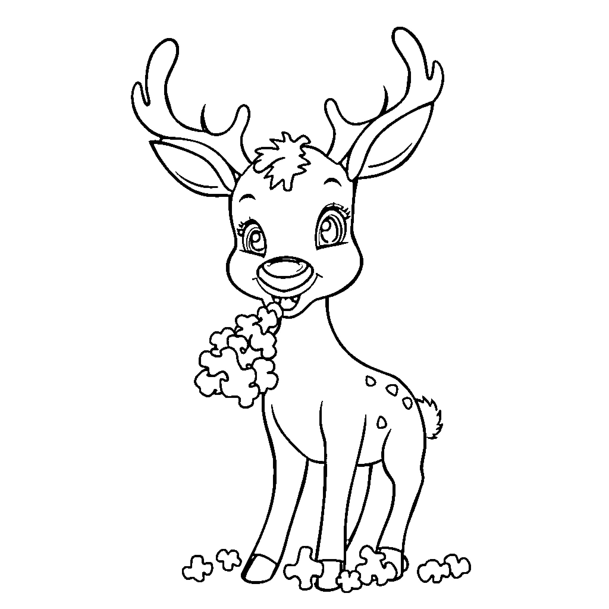 Deer enjoying a floral bouquet Coloring Page (free black-and-white line drawing printable PDF for all, from beginners to advanced learners, including children, teens, adults, and seniors)