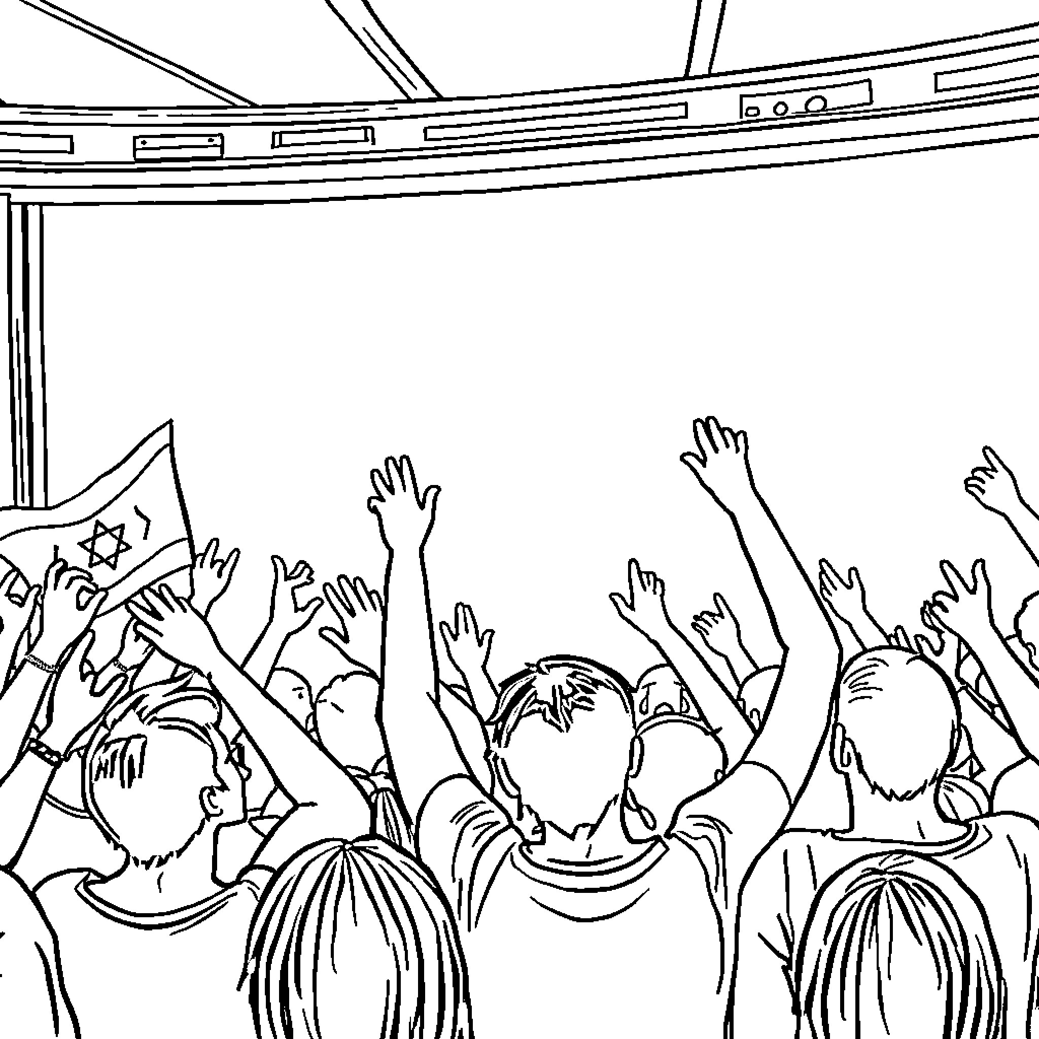 K Pop Performers Energetically Entertaining Audience Coloring Page (free black-and-white line drawing printable PDF for all, from beginners to advanced learners, including children, teens, adults, and seniors)