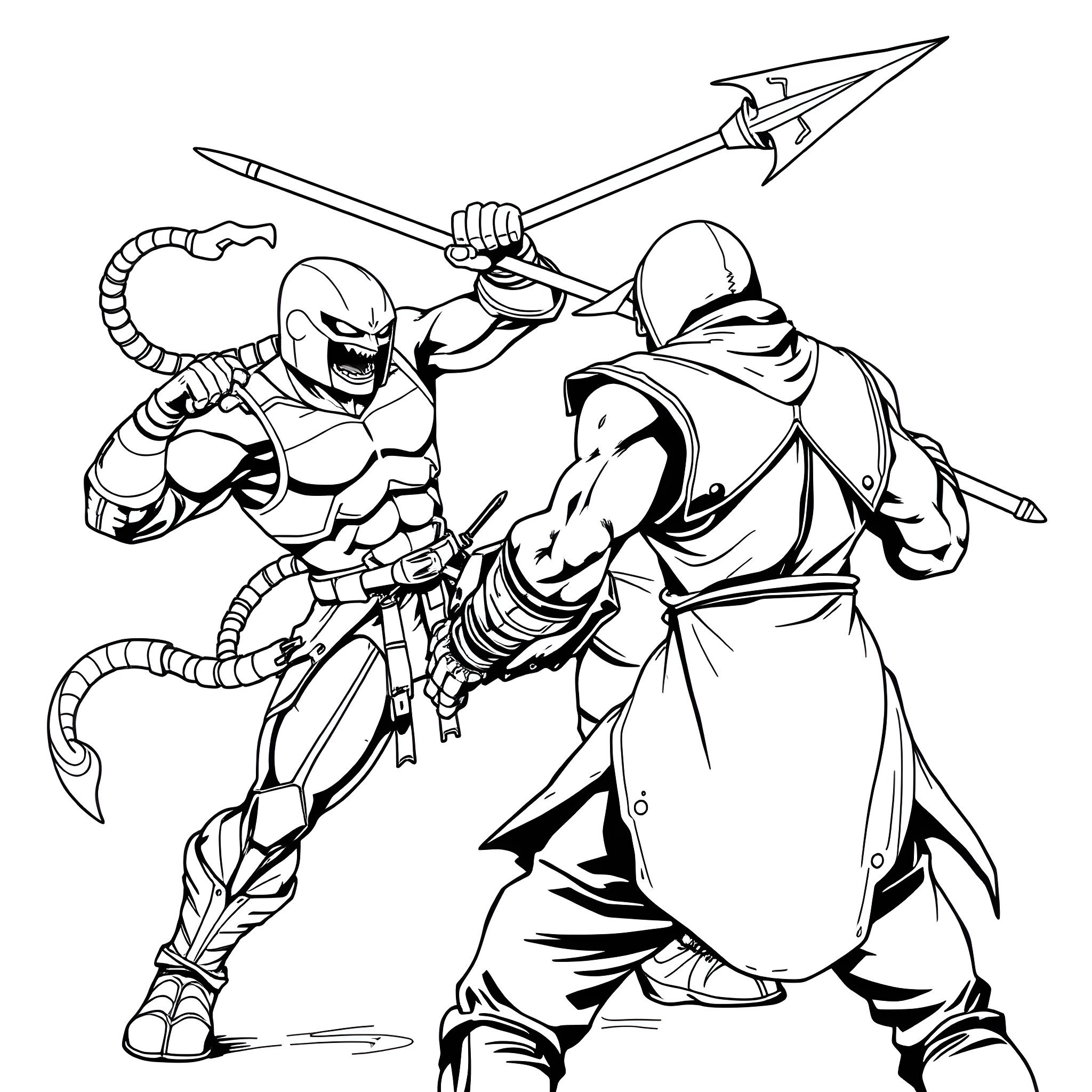 Scorpion warriors in fierce combat Coloring Page (free black-and-white line drawing printable PDF for all, from beginners to advanced learners, including children, teens, adults, and seniors)