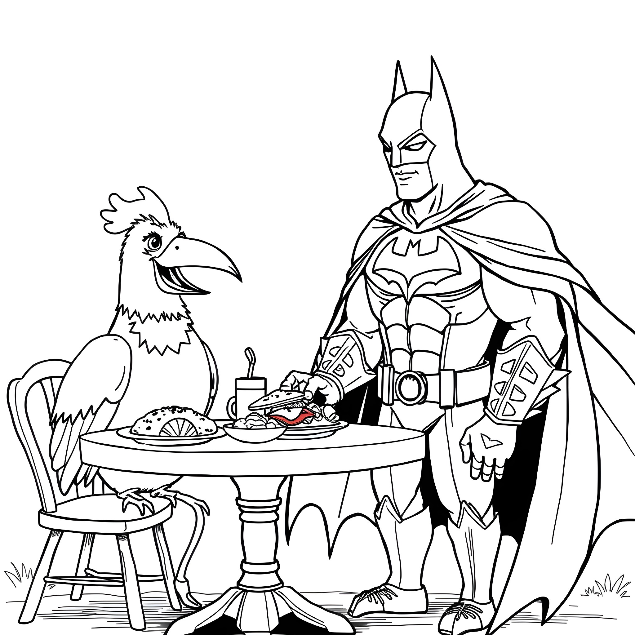 Bird Superhero Enjoying Snacks at the Table Coloring Page (free black-and-white line drawing printable PDF for all, from beginners to advanced learners, including children, teens, adults, and seniors)