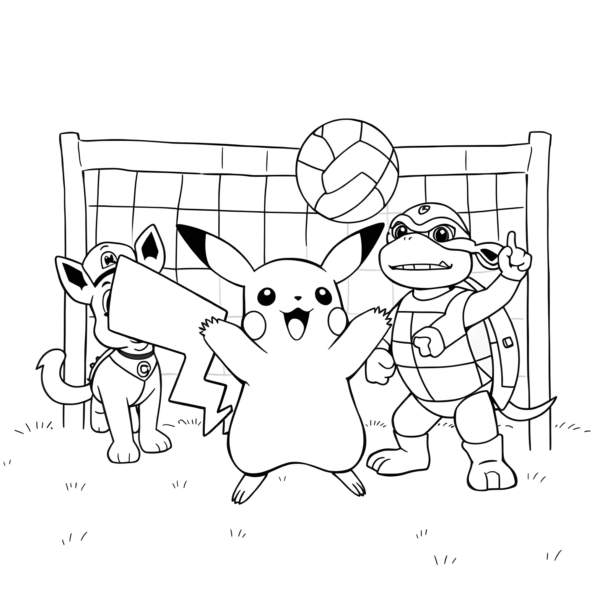 Pikachu playing volleyball with friends Coloring Page (free black-and-white line drawing printable PDF for all, from beginners to advanced learners, including children, teens, adults, and seniors)