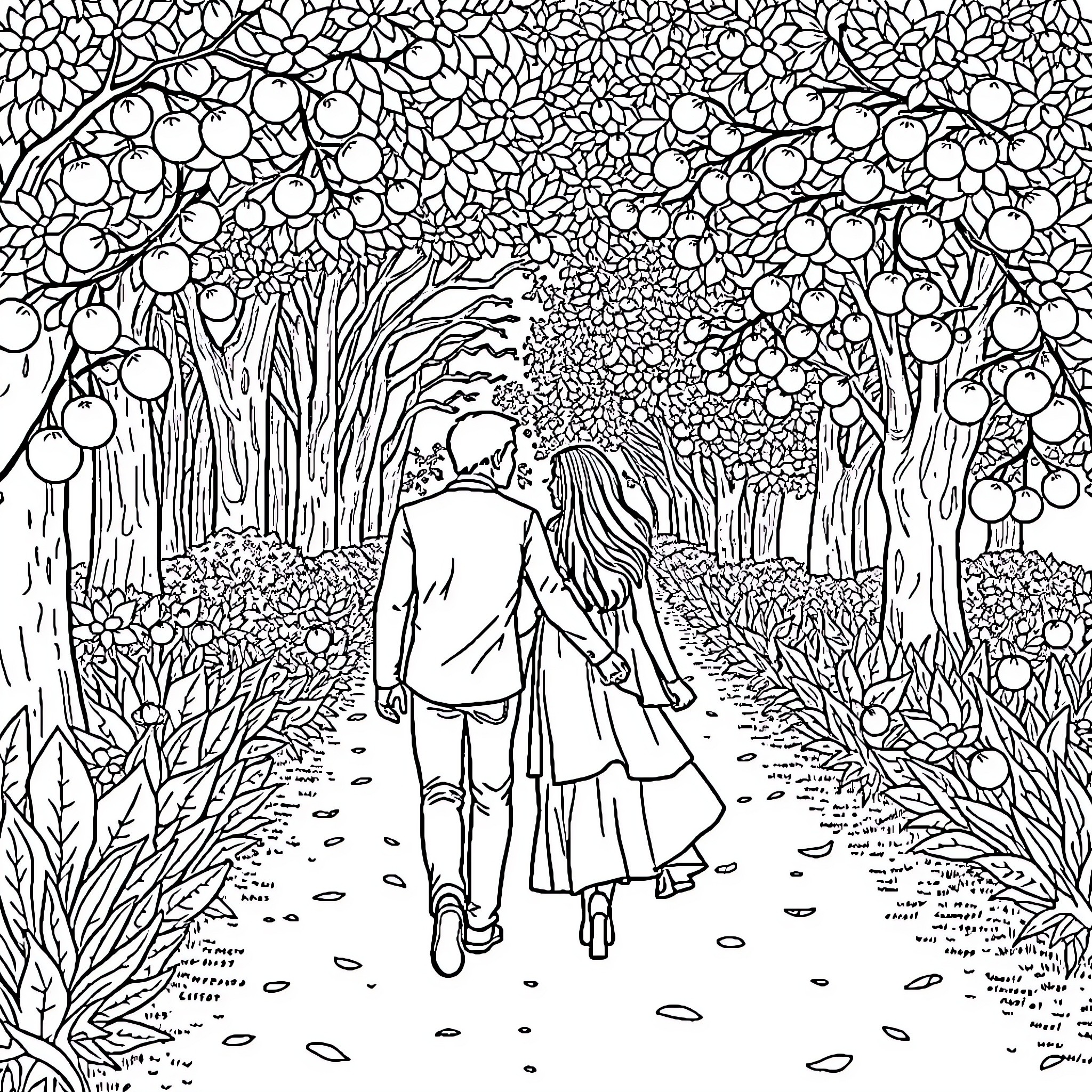Couple walking together in a floral garden Coloring Page (free black-and-white line drawing printable PDF for all, from beginners to advanced learners, including children, teens, adults, and seniors)
