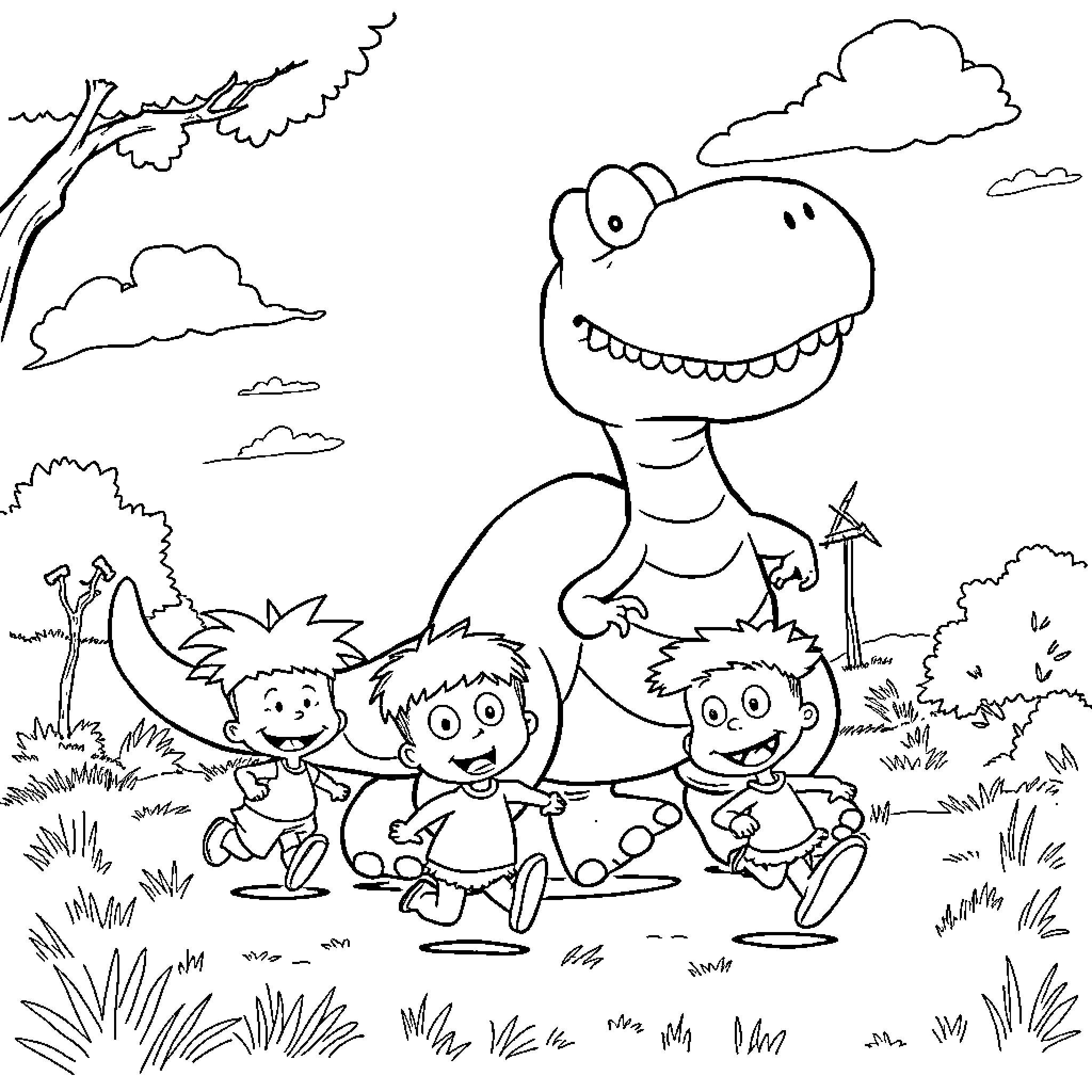 Reptar and Friends Explore the Wilderness Coloring Page (free black-and-white line drawing printable PDF for all, from beginners to advanced learners, including children, teens, adults, and seniors)