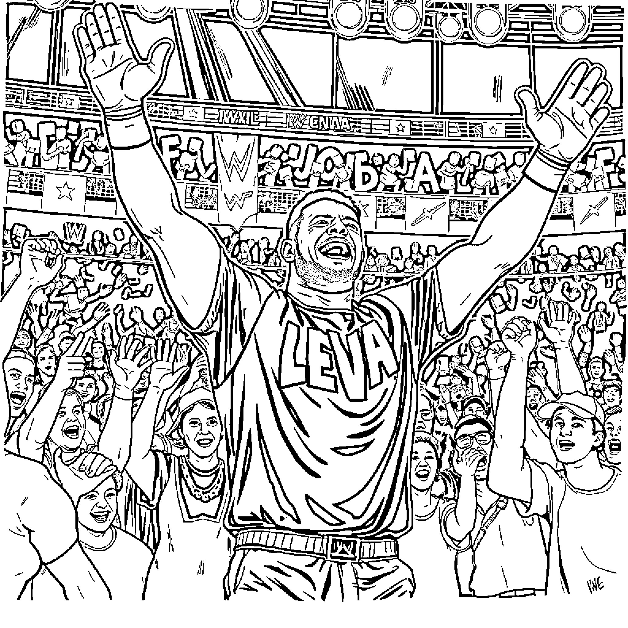 John Cena Celebrating Victory with Adoring Fans Coloring Page (free black-and-white line drawing printable PDF for all, from beginners to advanced learners, including children, teens, adults, and seniors)