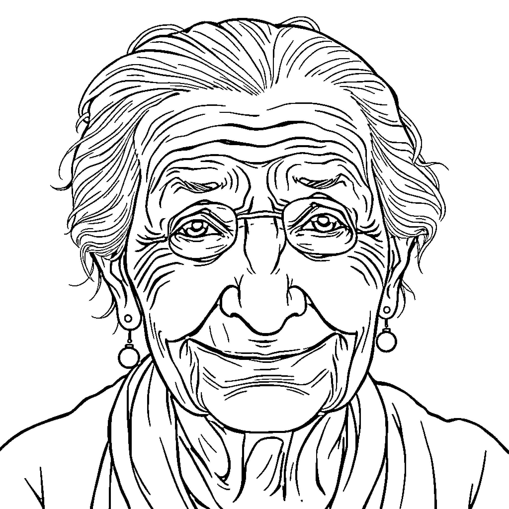 Old Lady with Glasses and Amicable Expression Coloring Page (free black-and-white line drawing printable PDF for all, from beginners to advanced learners, including children, teens, adults, and seniors)
