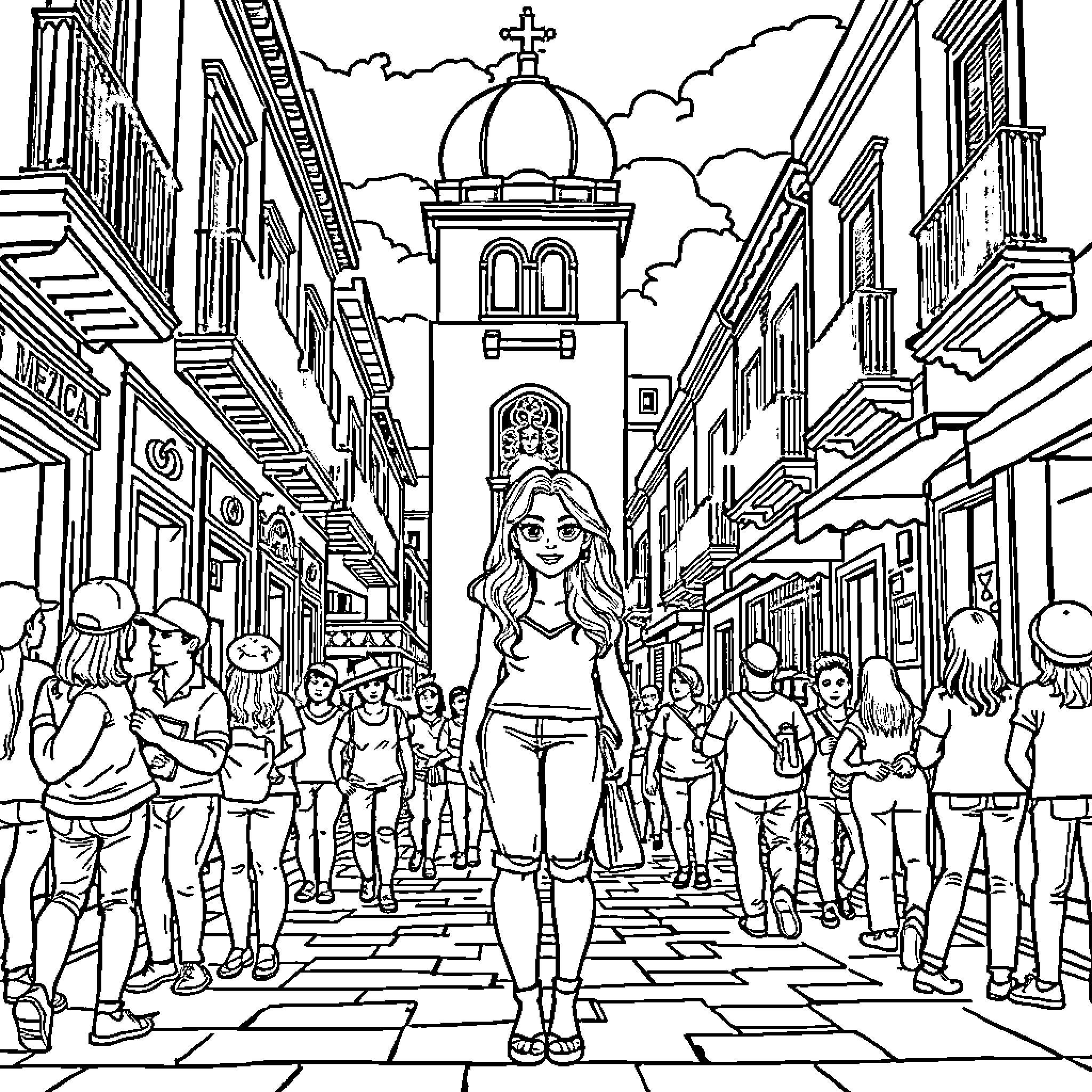 Mira's adventure through the bustling city streets Coloring Page (free black-and-white line drawing printable PDF for all, from beginners to advanced learners, including children, teens, adults, and seniors)