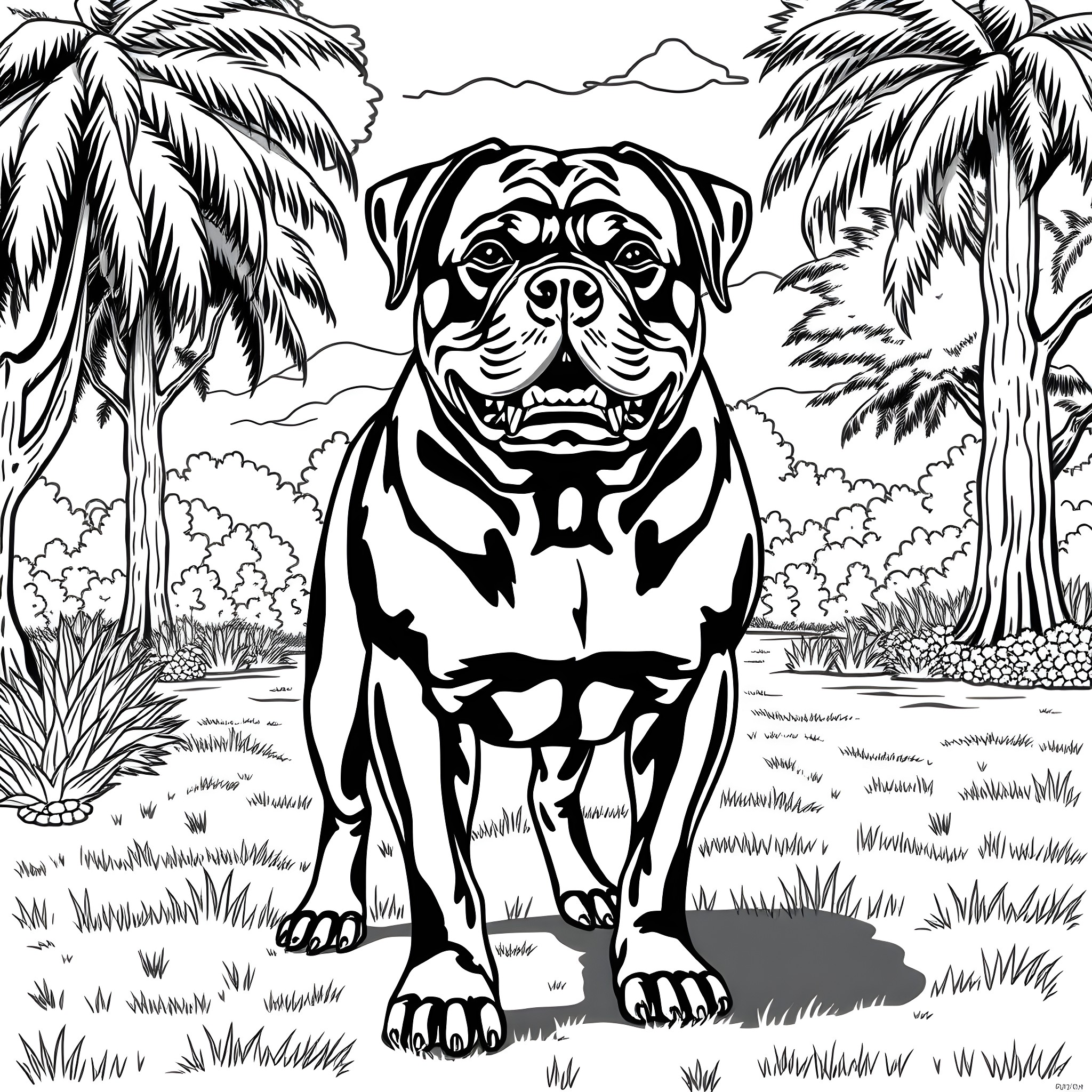 Rottweiler enjoying the tropical landscape Coloring Page (free black-and-white line drawing printable PDF for all, from beginners to advanced learners, including children, teens, adults, and seniors)
