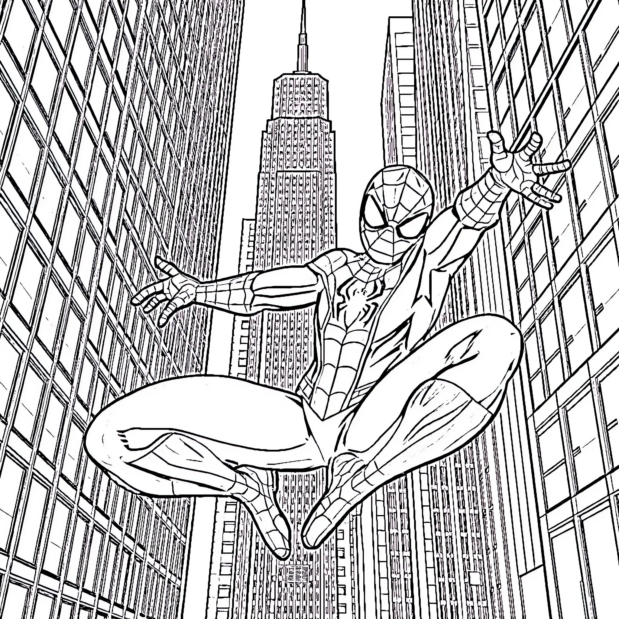Spiderman swinging high above the city skyline Coloring Page (free black-and-white line drawing printable PDF for all, from beginners to advanced learners, including children, teens, adults, and seniors)
