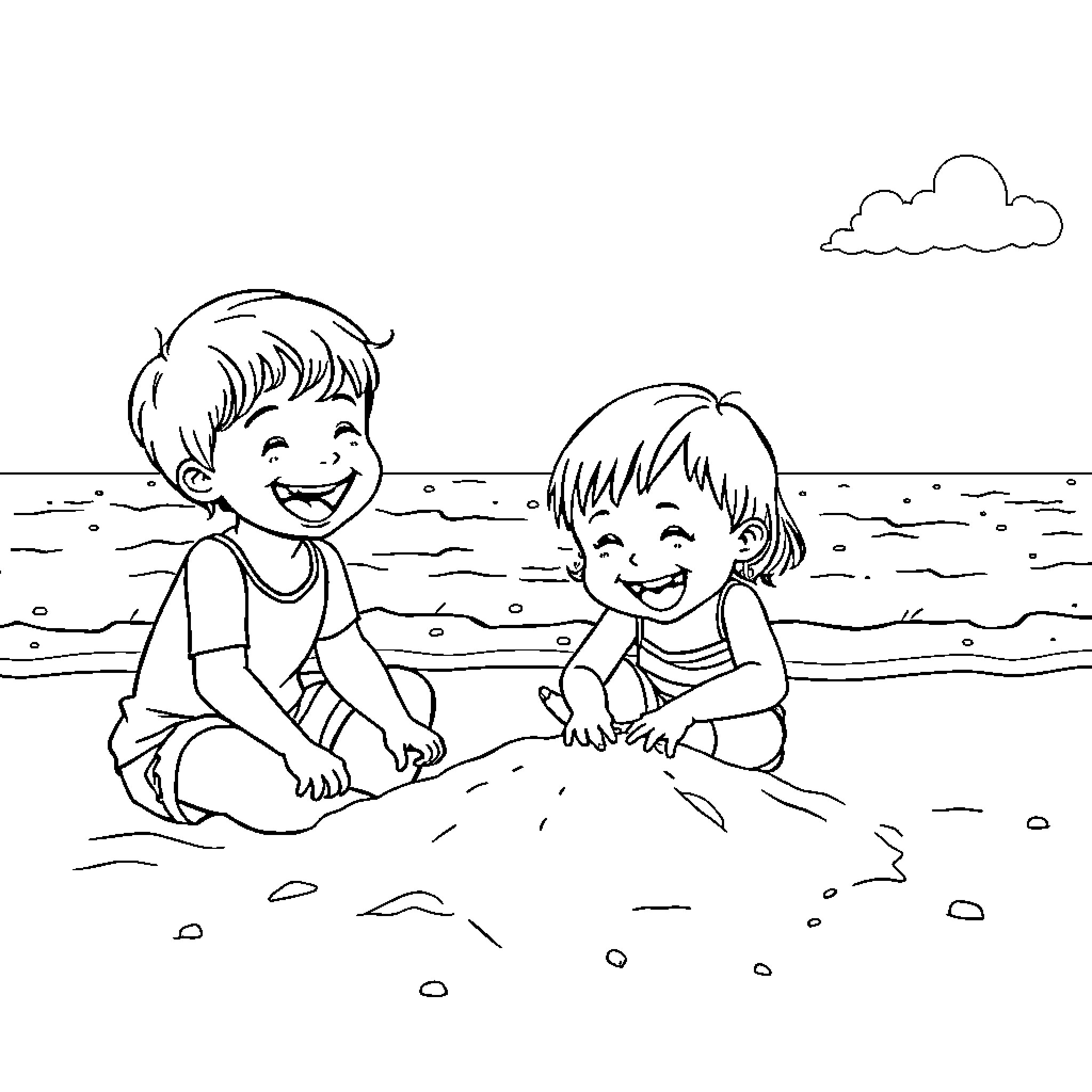 Kids playing joyfully on the beach Coloring Page (free black-and-white line drawing printable PDF for all, from beginners to advanced learners, including children, teens, adults, and seniors)