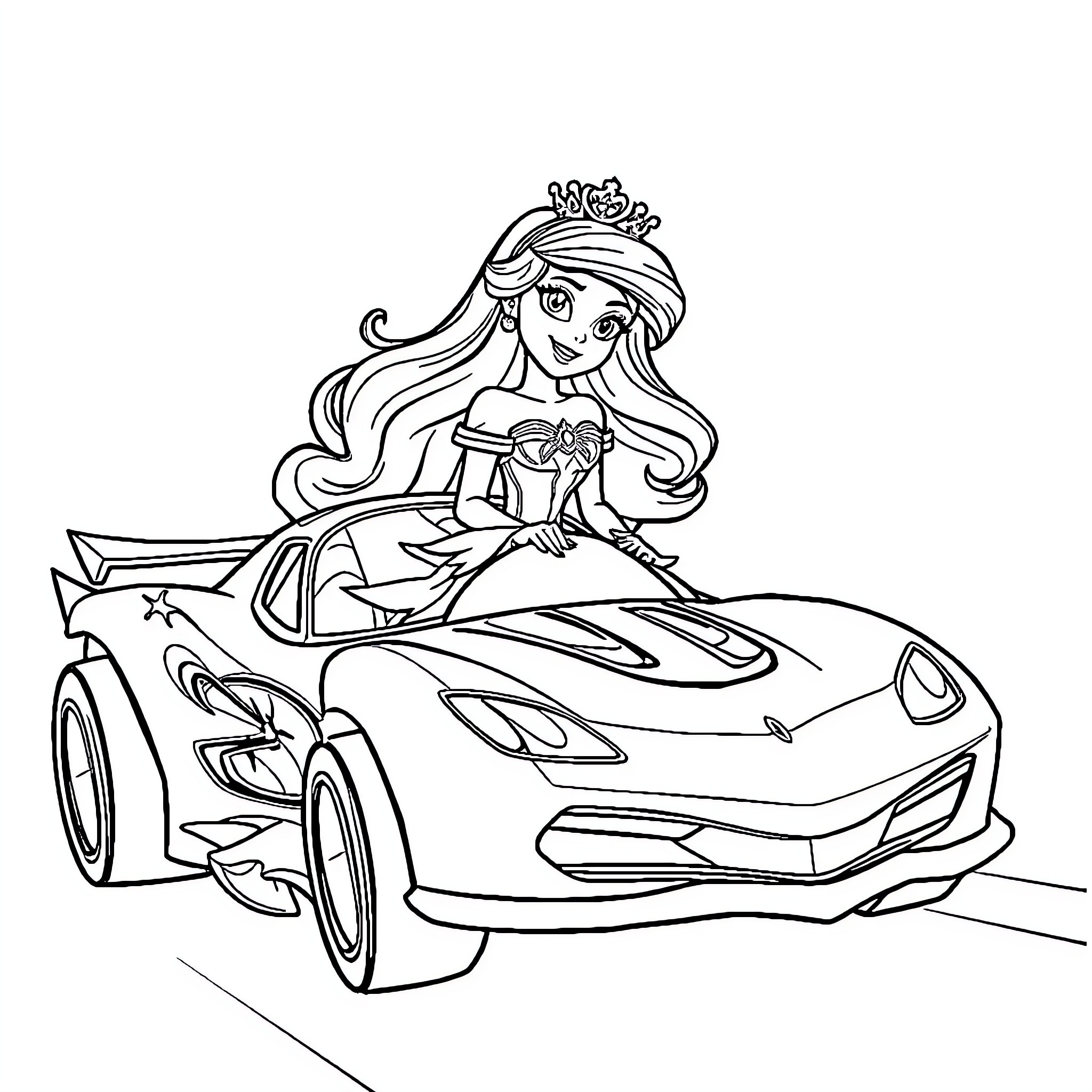 Princess driving a racing car with excitement Coloring Page (free black-and-white line drawing printable PDF for all, from beginners to advanced learners, including children, teens, adults, and seniors)