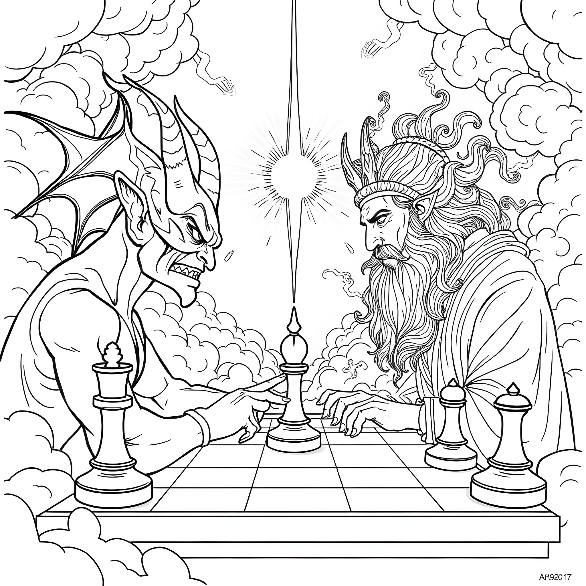 Devil's Chess Challenge Against the Celestial Deity Coloring Page (free black-and-white line drawing printable PDF for all, from beginners to advanced learners, including children, teens, adults, and seniors)