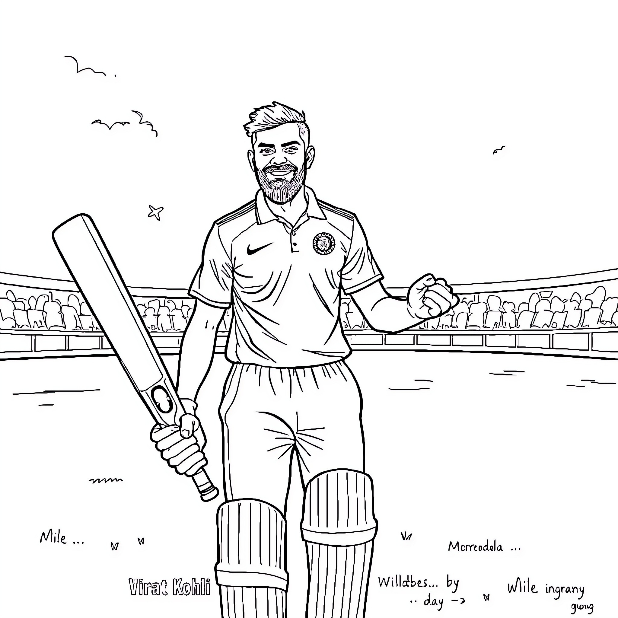 Virat Kohli plays cricket on field with bat and uniform Coloring Page (free black-and-white line drawing printable PDF for all, from beginners to advanced learners, including children, teens, adults, and seniors)