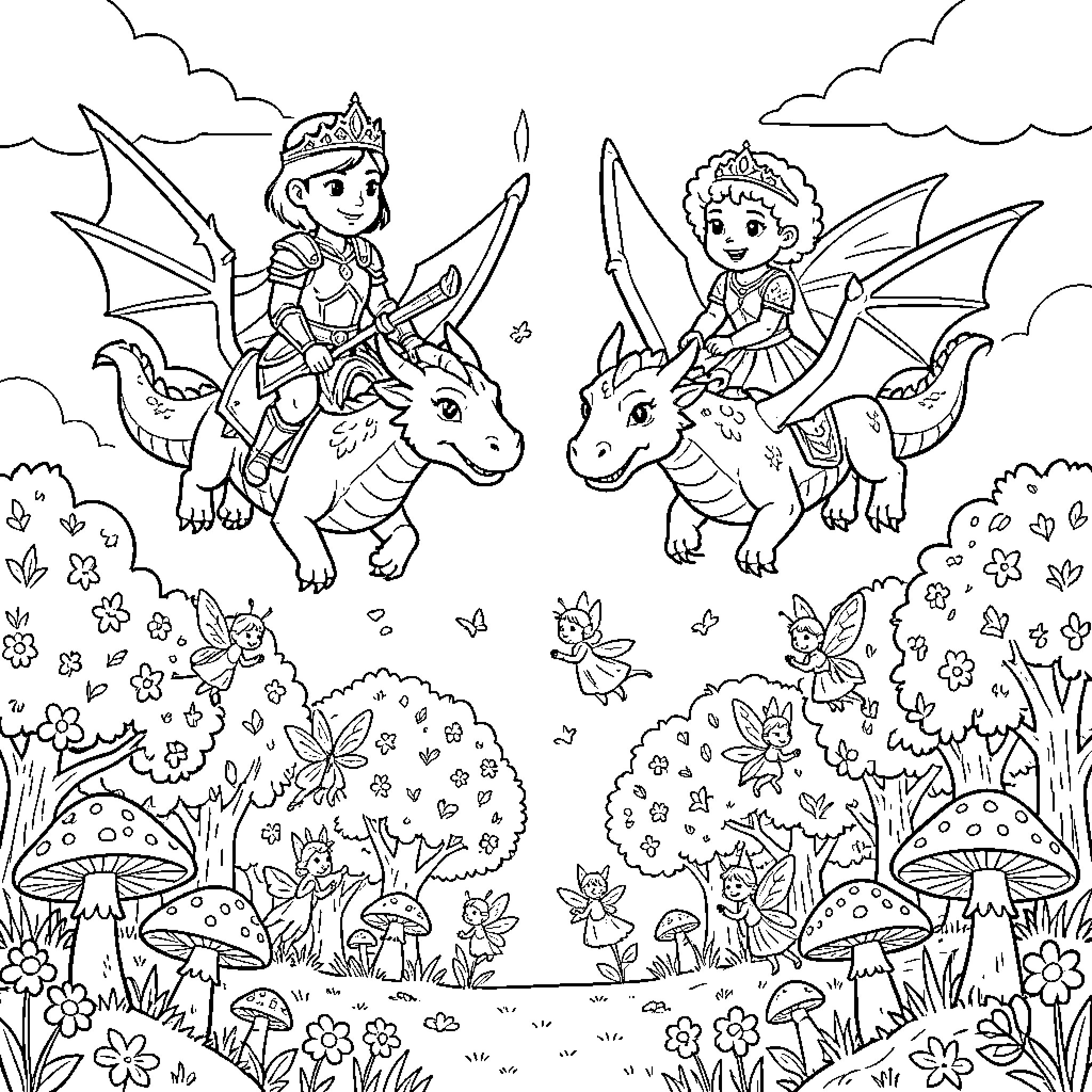 Dragon riders flying through a magical fairy forest Coloring Page (free black-and-white line drawing printable PDF for all, from beginners to advanced learners, including children, teens, adults, and seniors)