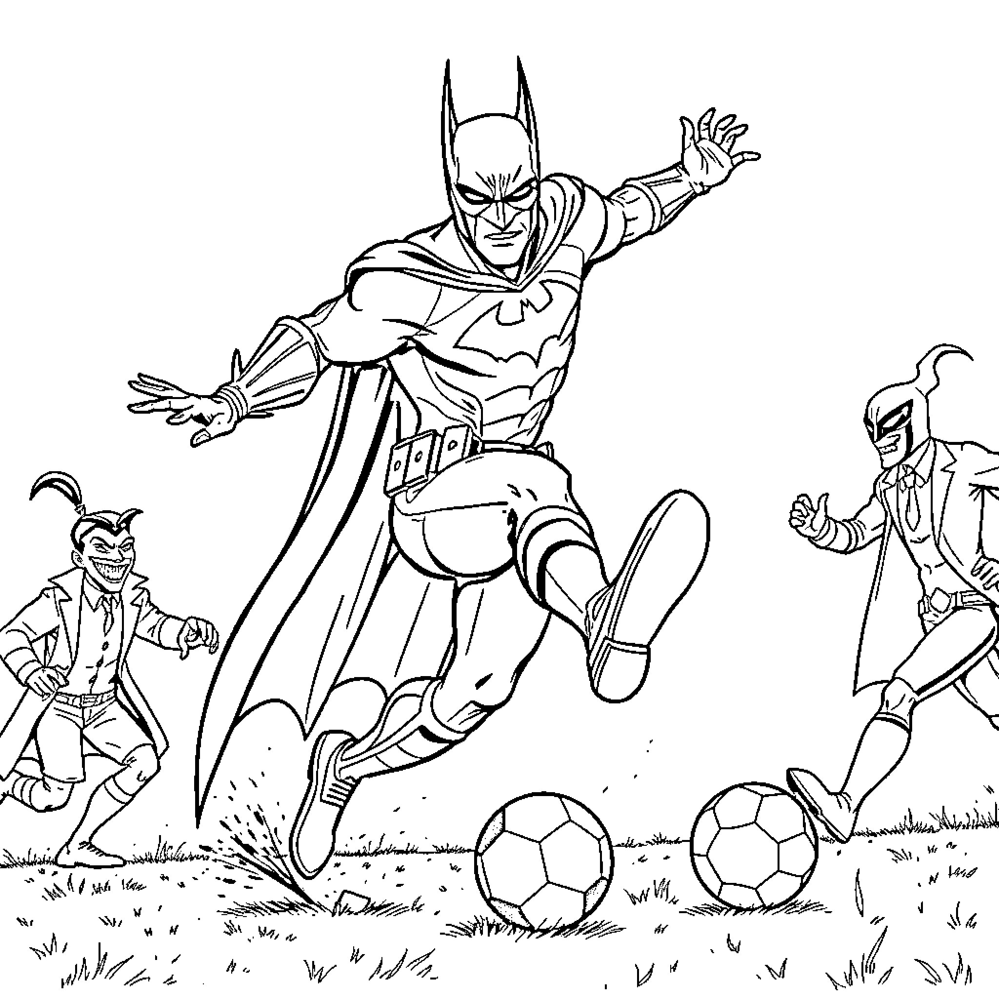 Batman playing soccer with friends in the park Coloring Page (free black-and-white line drawing printable PDF for all, from beginners to advanced learners, including children, teens, adults, and seniors)