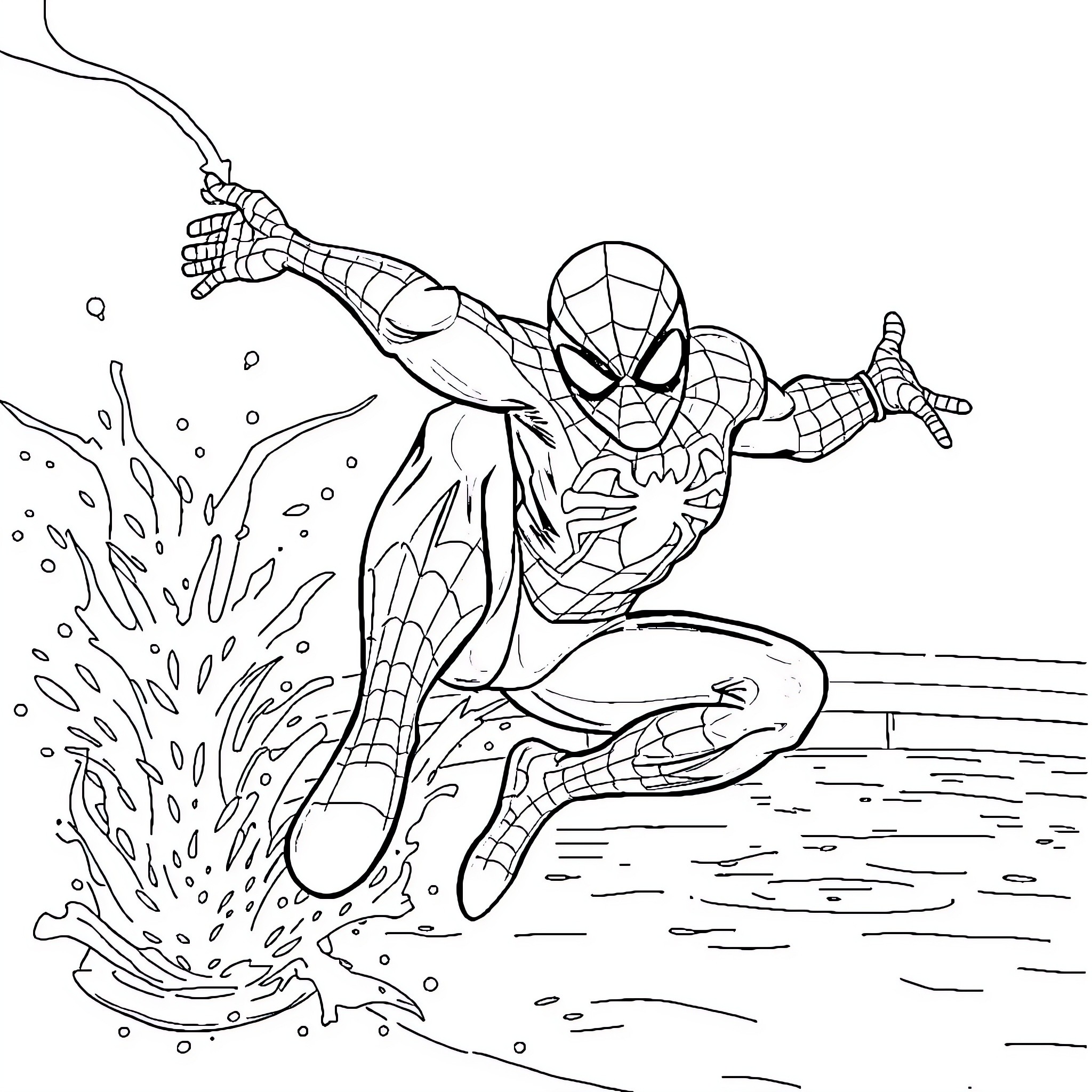 Spidey swinging into action Coloring Page (free black-and-white line drawing printable PDF for all, from beginners to advanced learners, including children, teens, adults, and seniors)