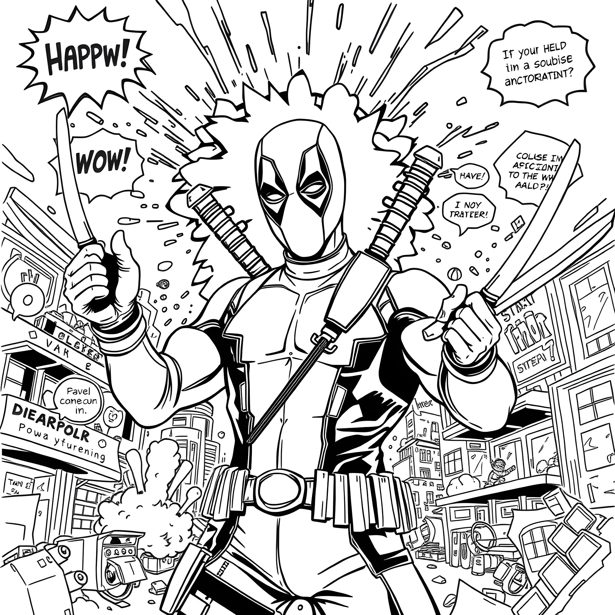 Deadpool's Explosive Antics in the City Coloring Page (free black-and-white line drawing printable PDF for all, from beginners to advanced learners, including children, teens, adults, and seniors)