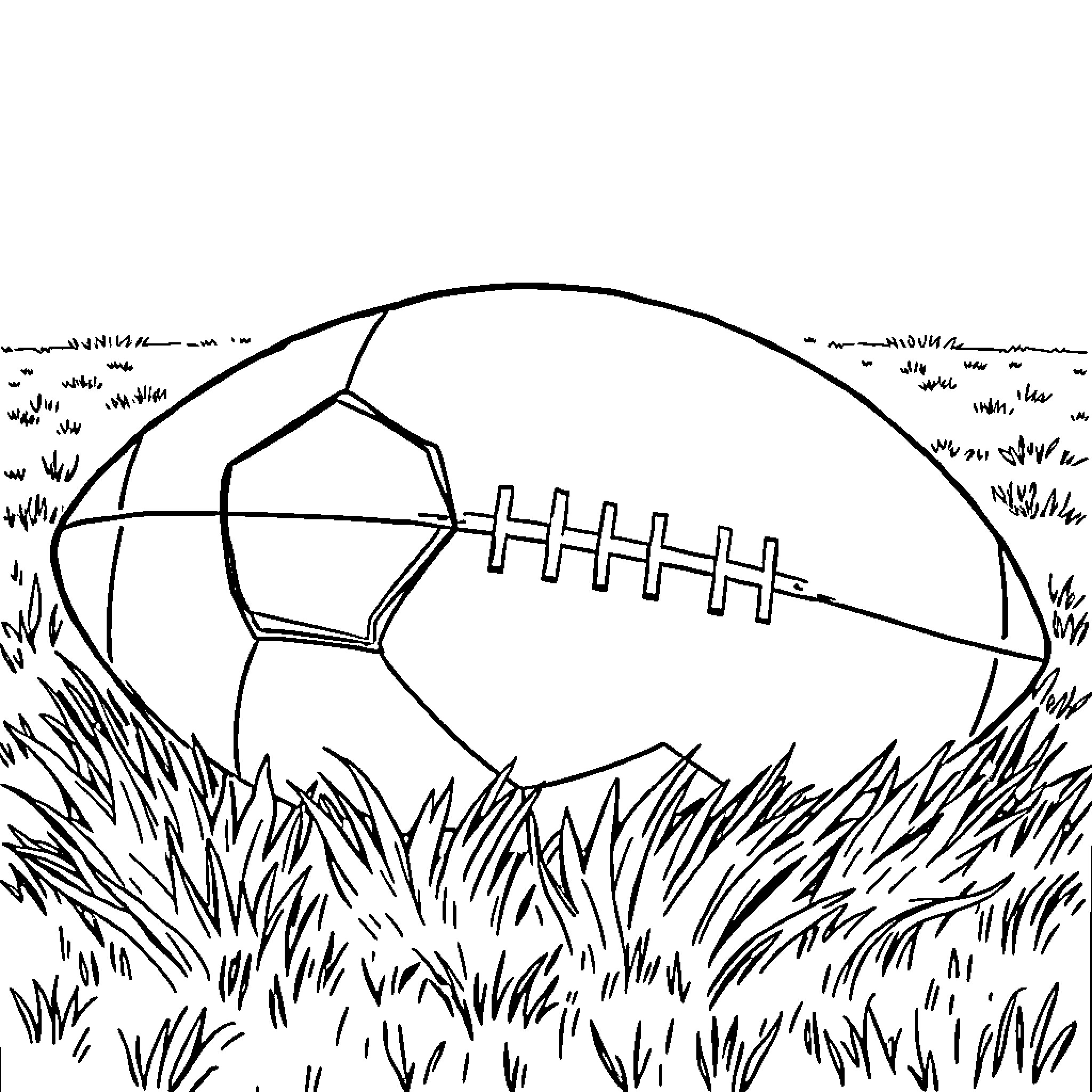 Football on the Grassy Field Coloring Page (free black-and-white line drawing printable PDF for all, from beginners to advanced learners, including children, teens, adults, and seniors)