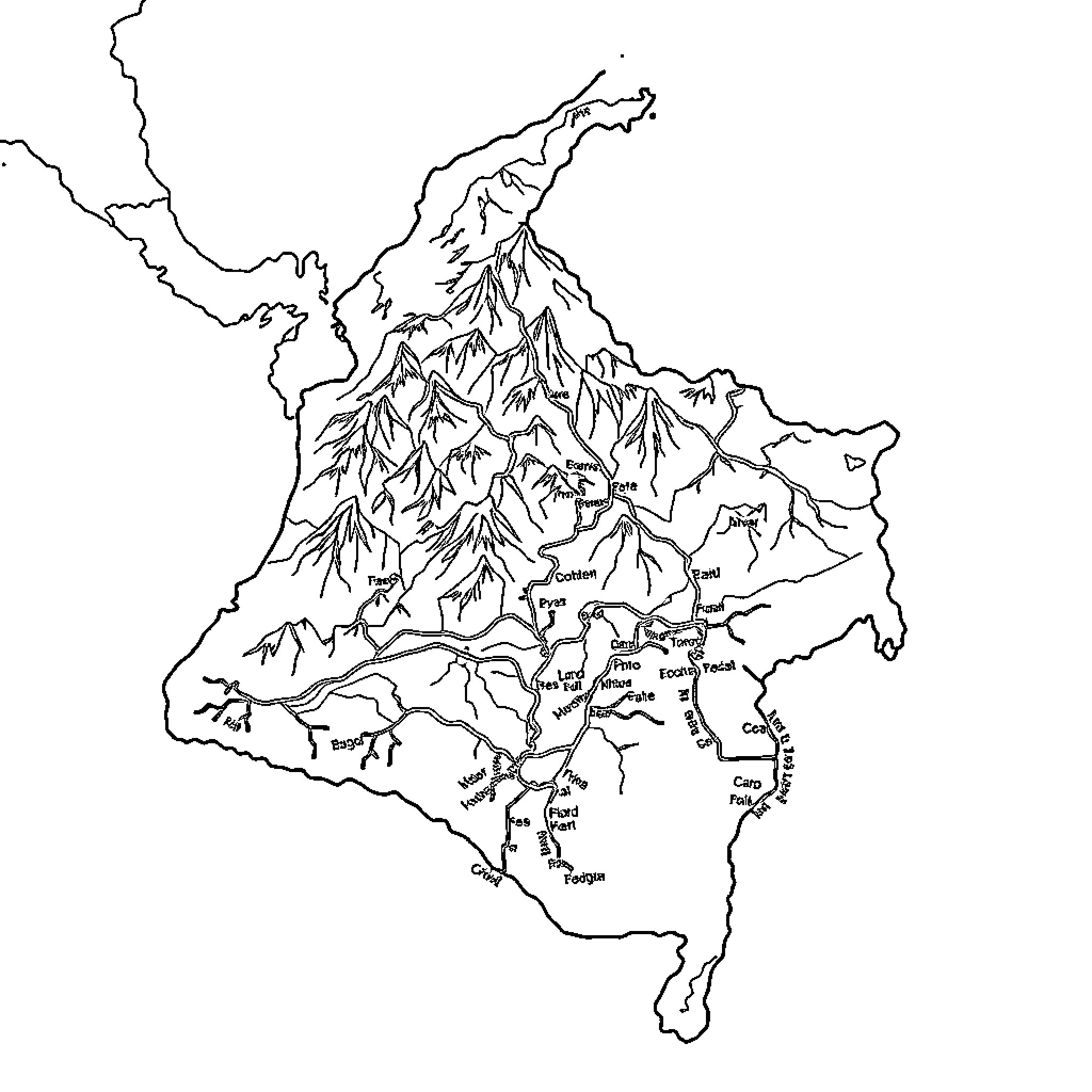 Colombia's rugged mountain landscapes and river networks Coloring Page (free black-and-white line drawing printable PDF for all, from beginners to advanced learners, including children, teens, adults, and seniors)