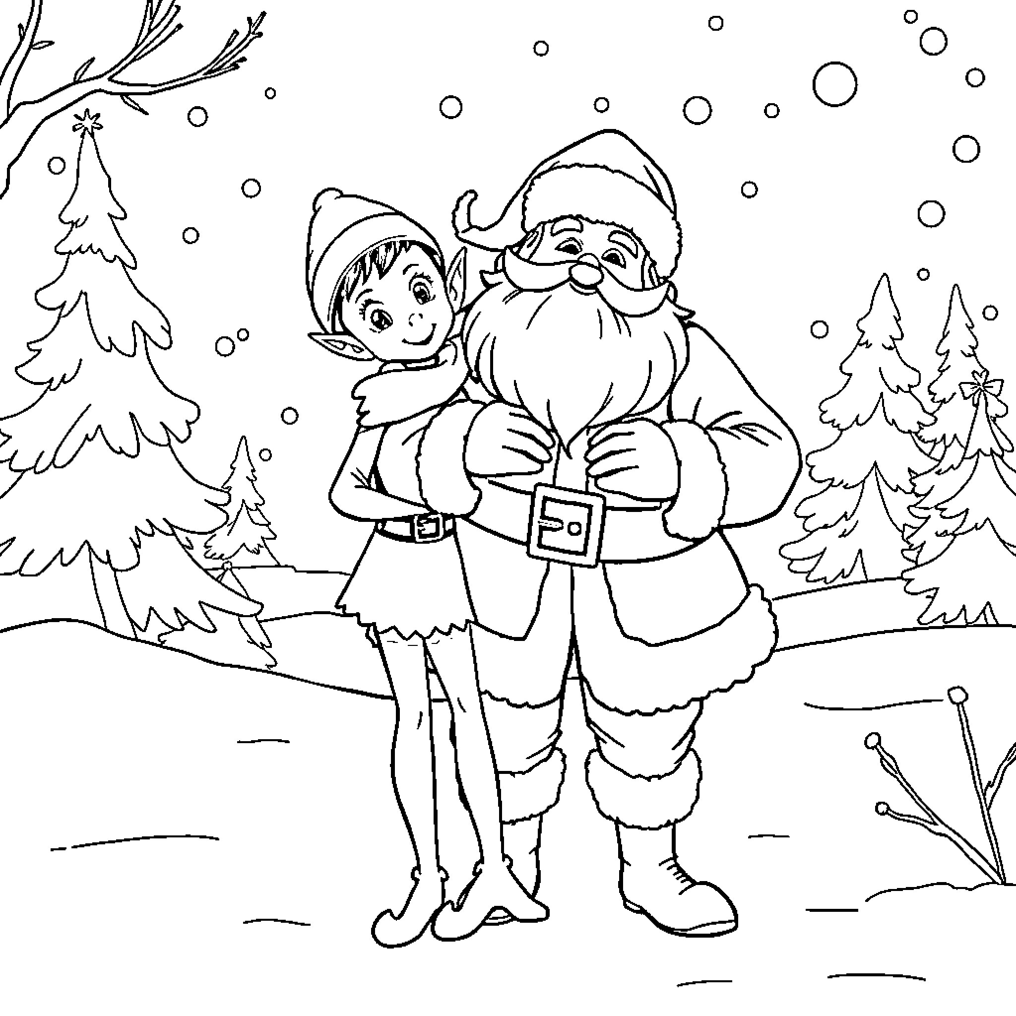 Elf and Santa enjoying the snowy winter scene Coloring Page (free black-and-white line drawing printable PDF for all, from beginners to advanced learners, including children, teens, adults, and seniors)