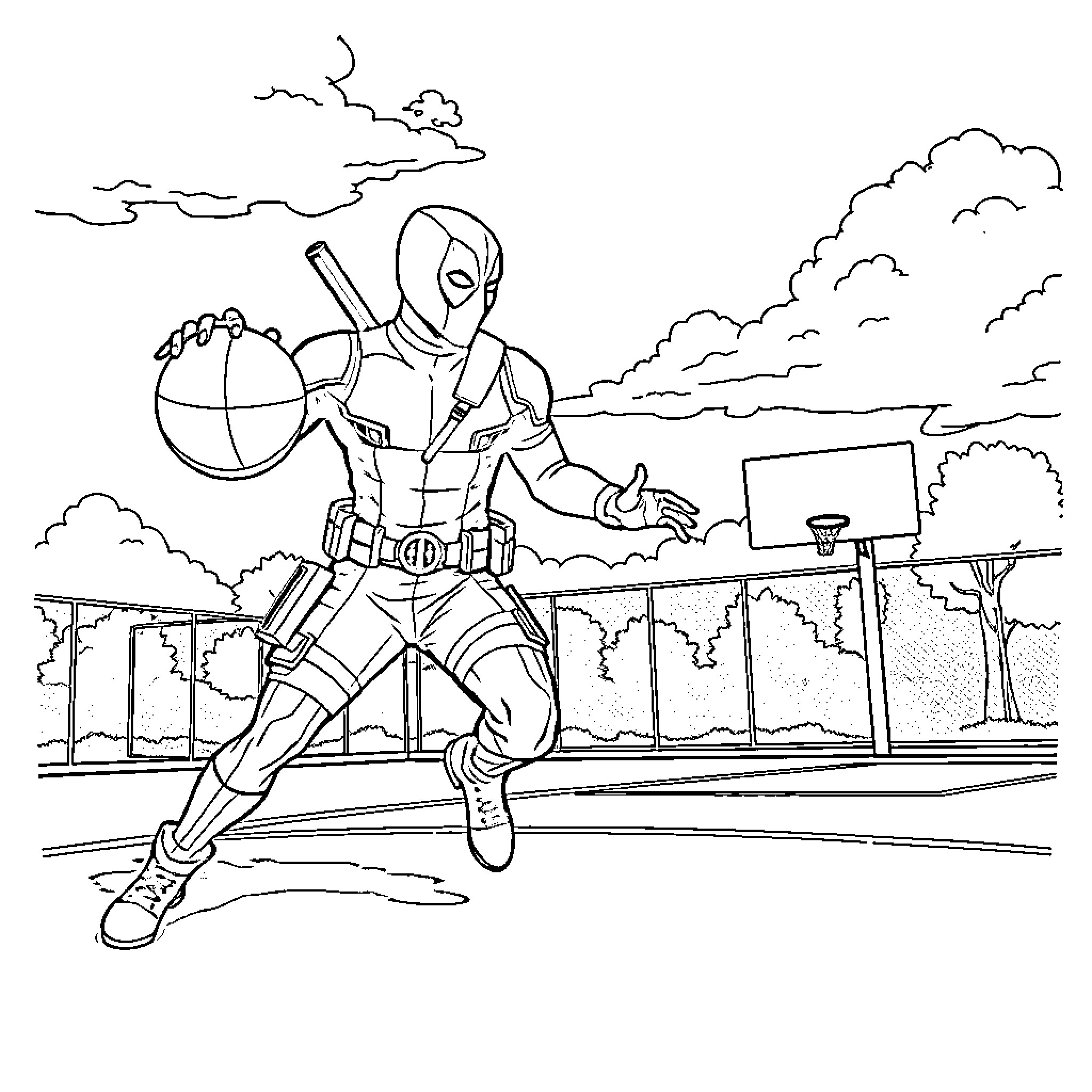 Deadpool in Action at the Demolition Site Coloring Page (free black-and-white line drawing printable PDF for all, from beginners to advanced learners, including children, teens, adults, and seniors)