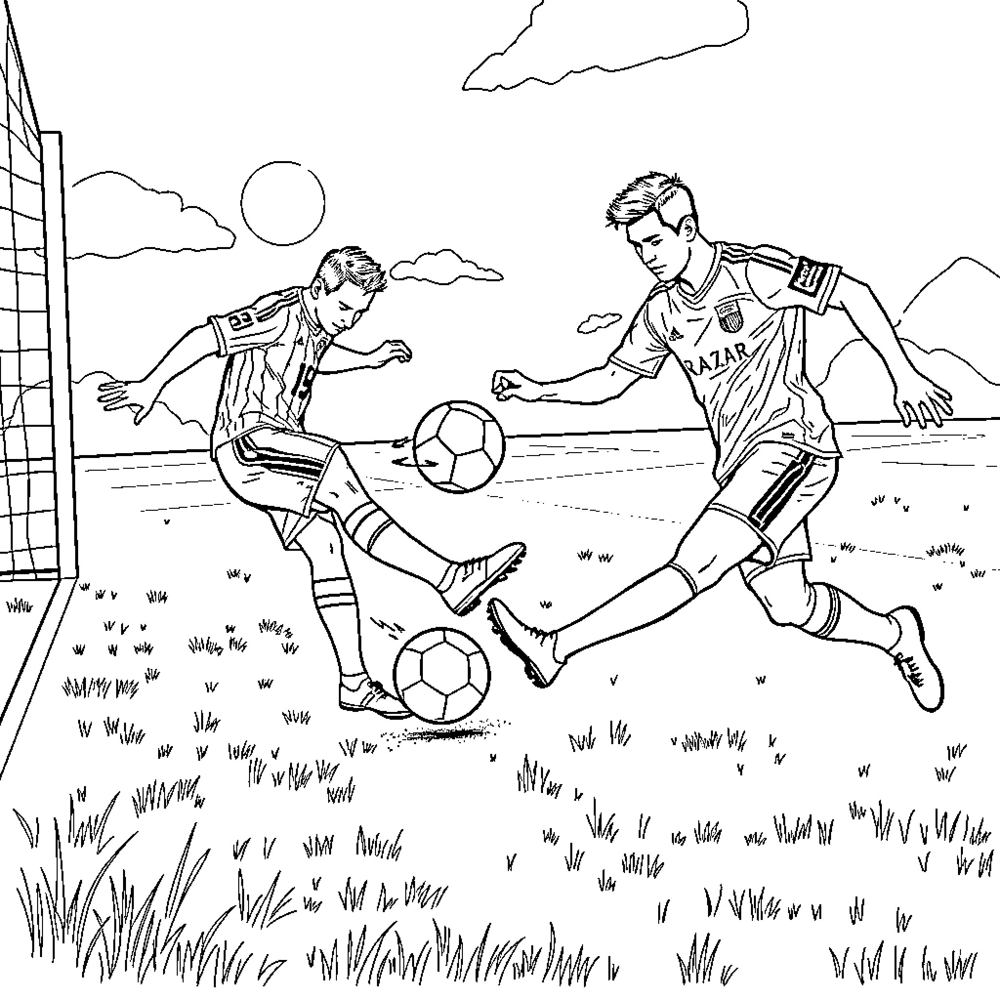 Football players competing on the field Coloring Page (free black-and-white line drawing printable PDF for all, from beginners to advanced learners, including children, teens, adults, and seniors)