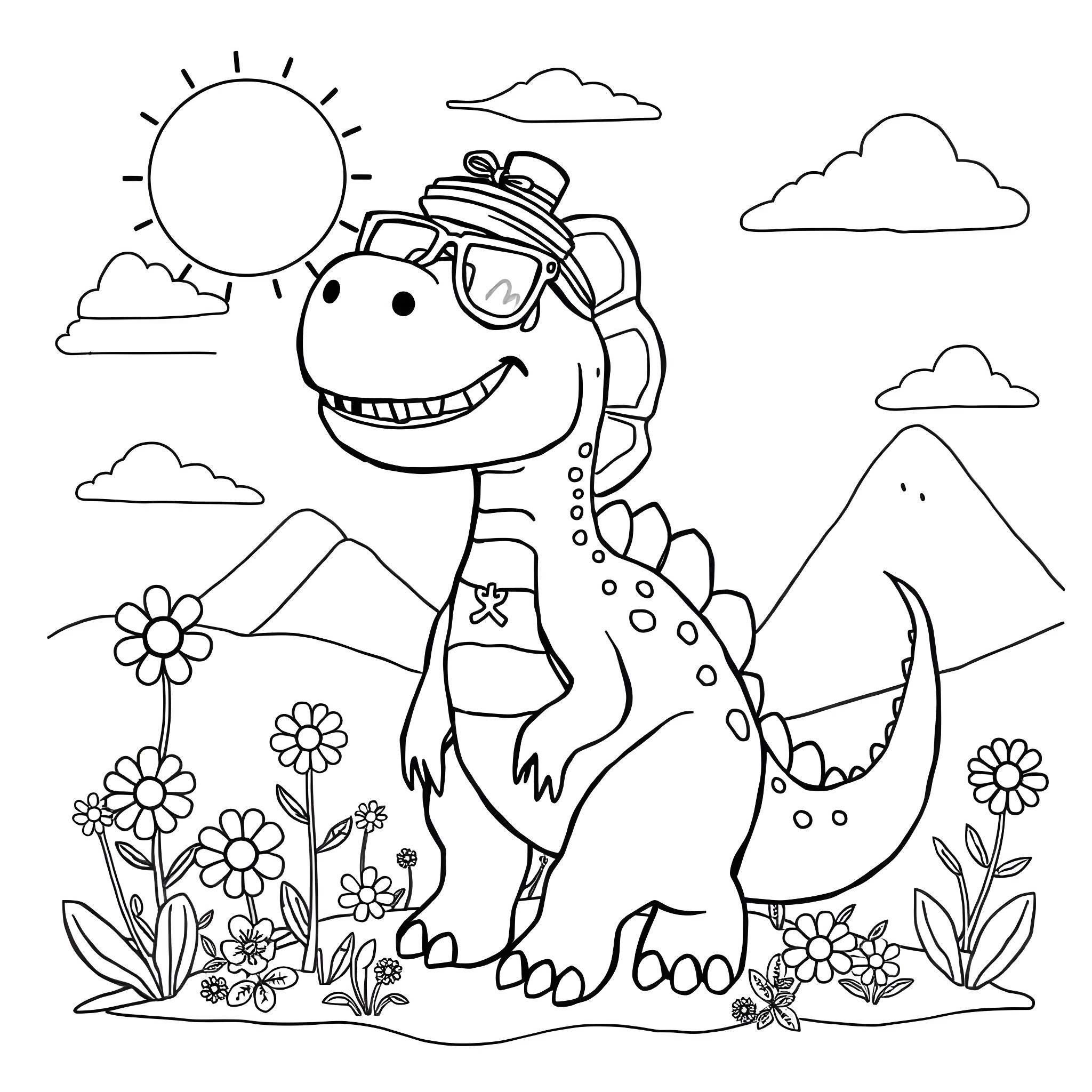 Dinosaur exploring the sunny outdoors Coloring Page (free black-and-white line drawing printable PDF for all, from beginners to advanced learners, including children, teens, adults, and seniors)