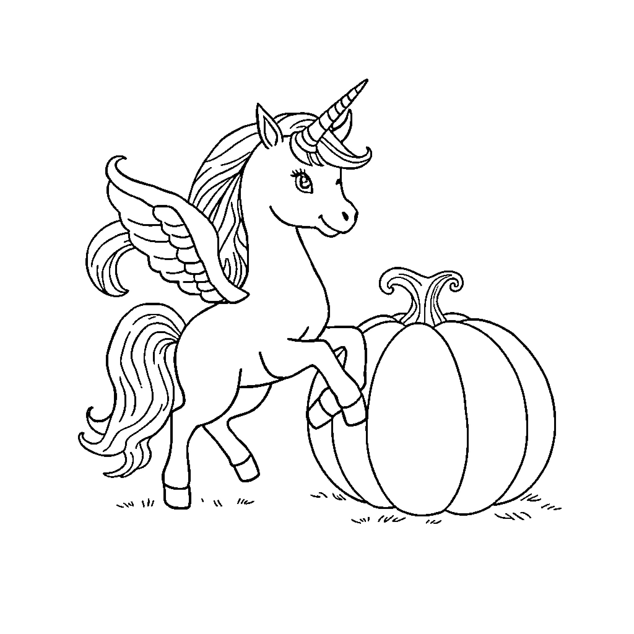 Unicorn with wings standing next to pumpkin Coloring Page (free black-and-white line drawing printable PDF for all, from beginners to advanced learners, including children, teens, adults, and seniors)