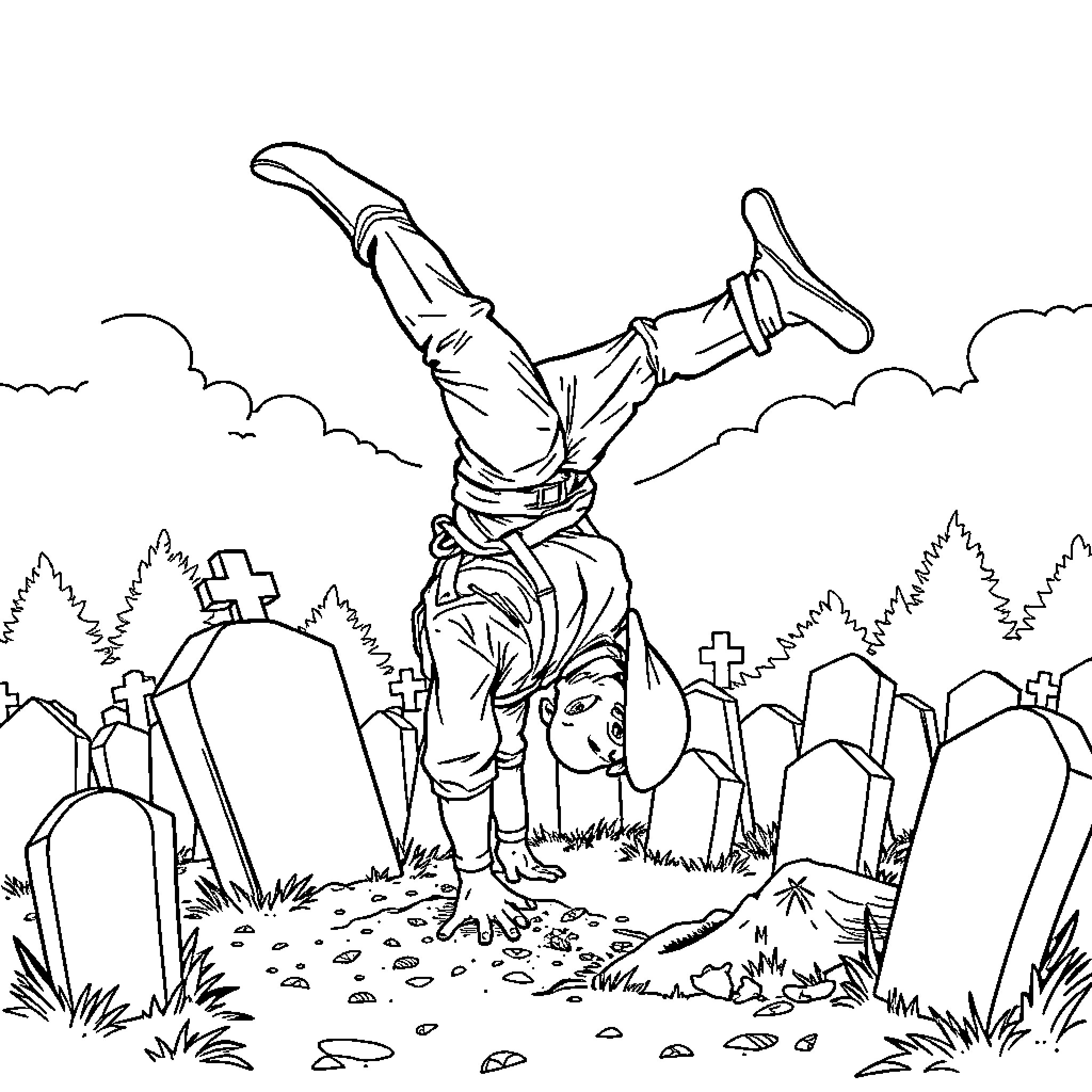 Gravedigger in a cemetery performing a handstand Coloring Page (free black-and-white line drawing printable PDF for all, from beginners to advanced learners, including children, teens, adults, and seniors)