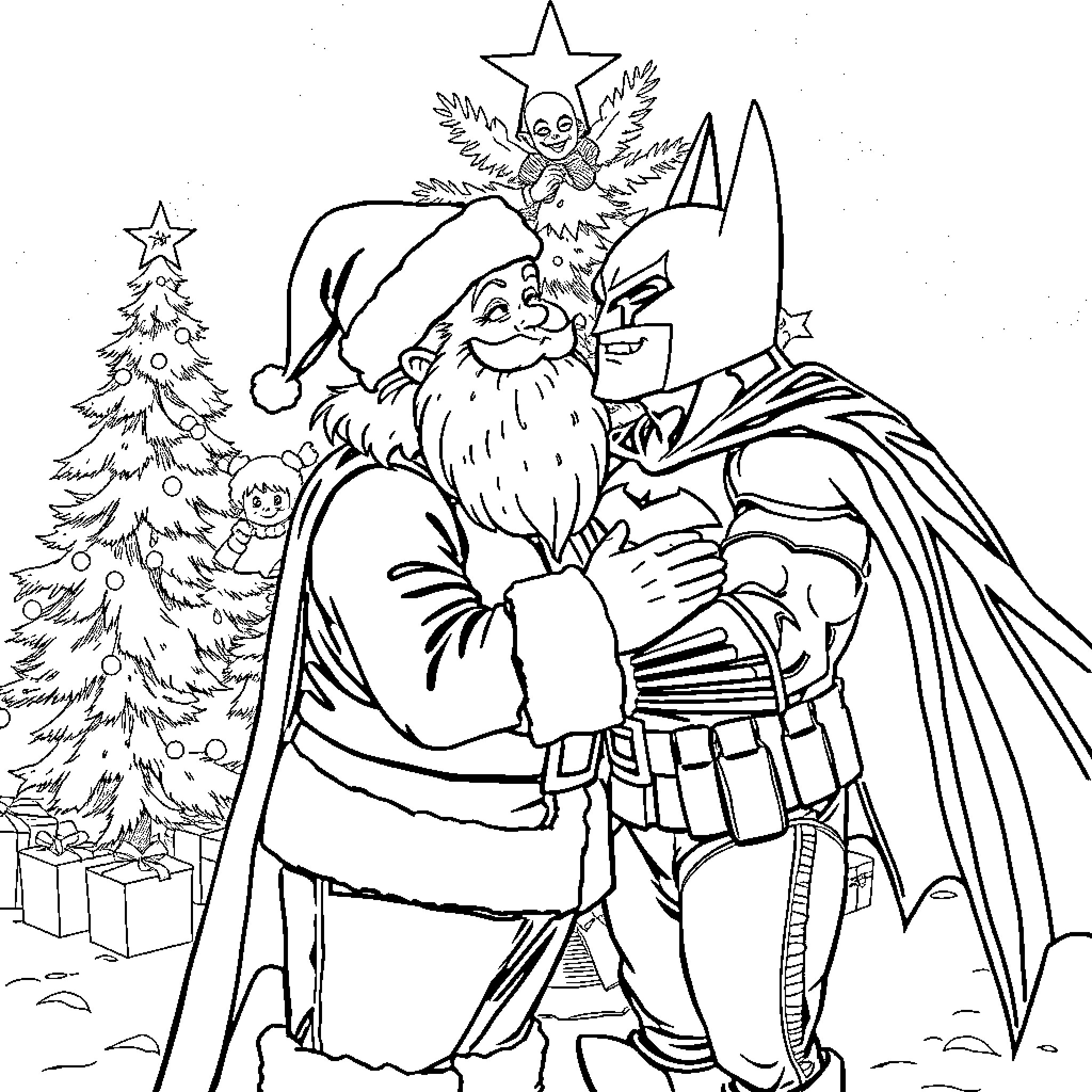 Santa presenting gifts by the Christmas tree Coloring Page (free black-and-white line drawing printable PDF for all, from beginners to advanced learners, including children, teens, adults, and seniors)