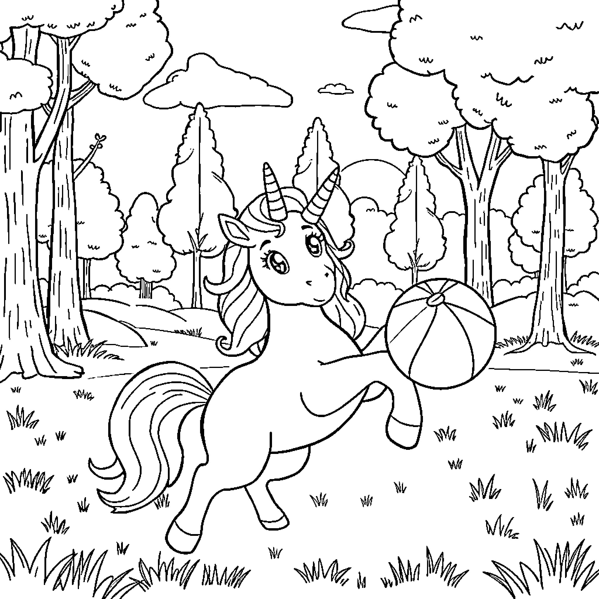 Unicorn playing in magical forest Coloring Page (free black-and-white line drawing printable PDF for all, from beginners to advanced learners, including children, teens, adults, and seniors)