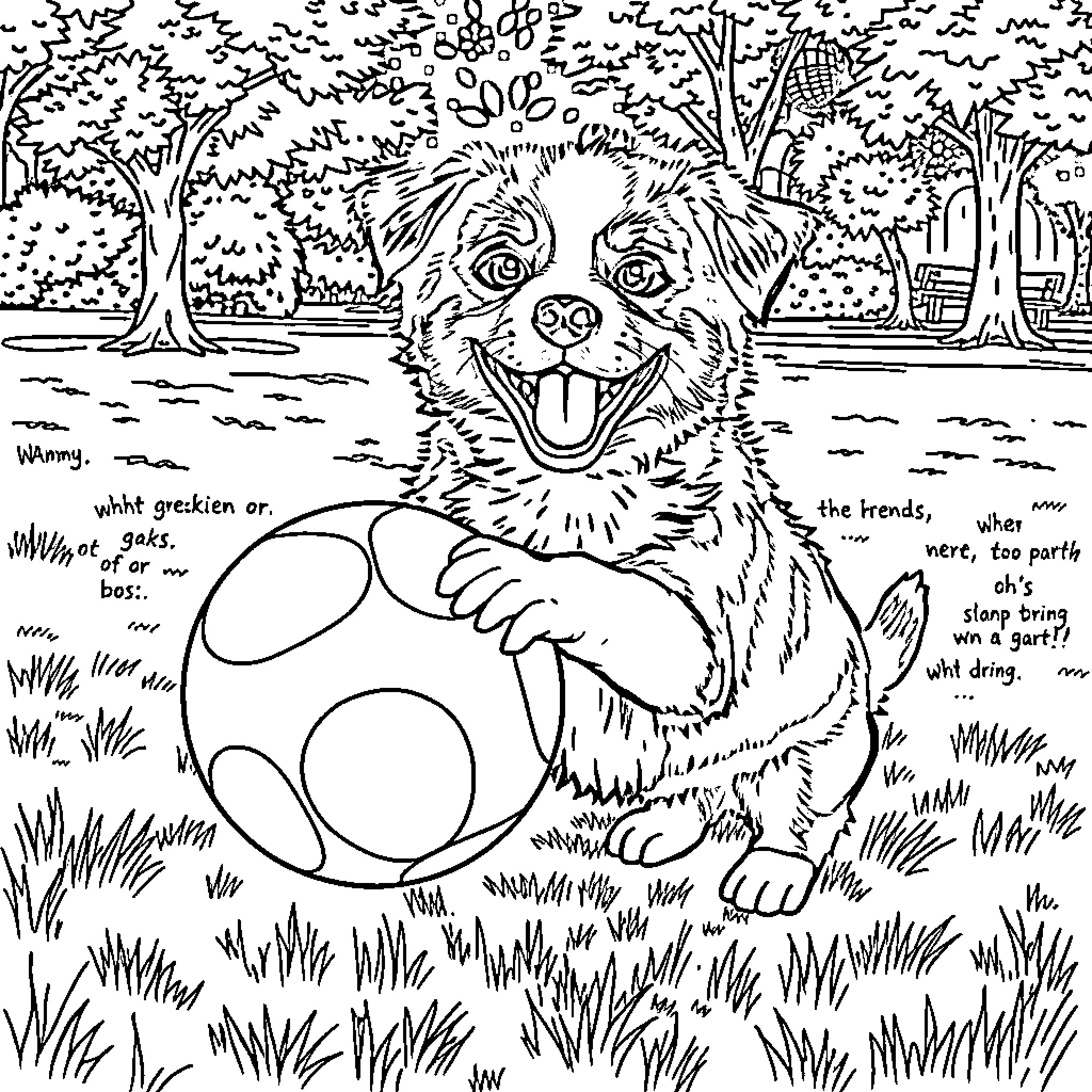 Australian Shepherd enjoying playtime in the park Coloring Page (free black-and-white line drawing printable PDF for all, from beginners to advanced learners, including children, teens, adults, and seniors)