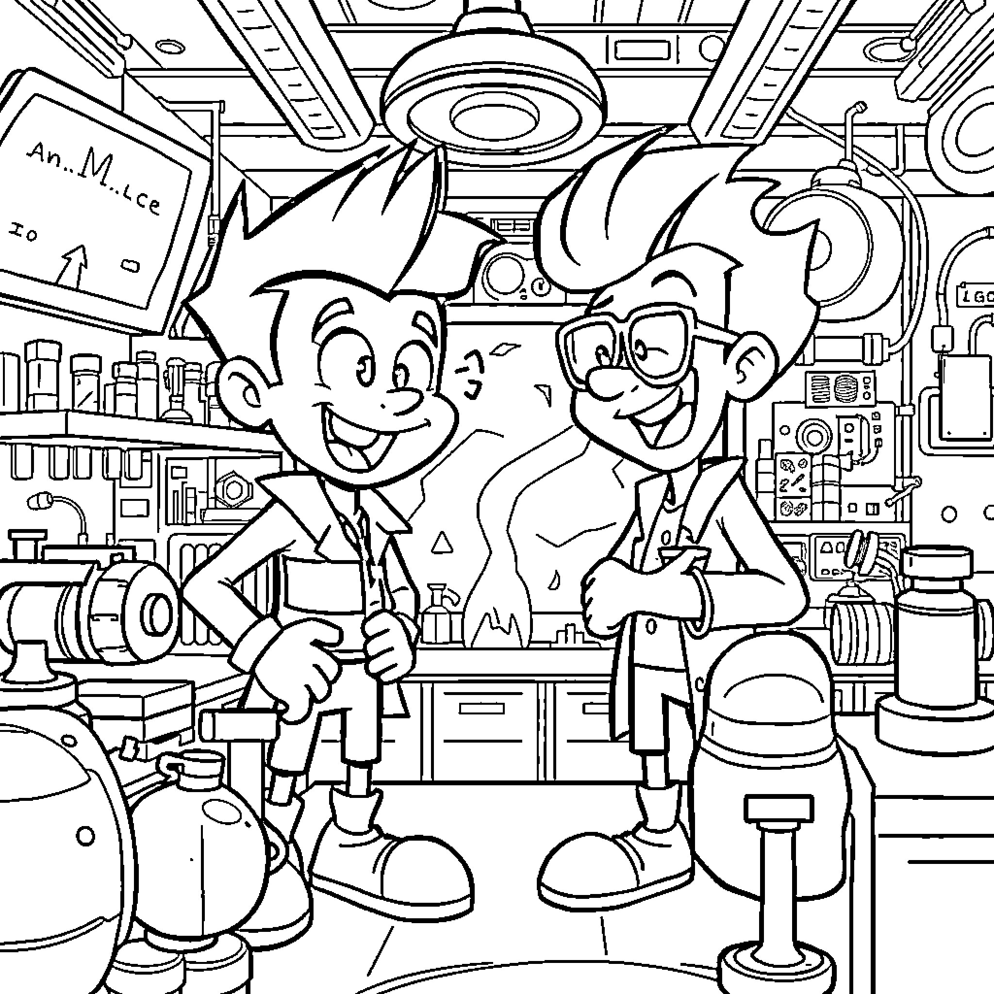 Jimmy Neutron Explores the Futuristic Laboratory Coloring Page (free black-and-white line drawing printable PDF for all, from beginners to advanced learners, including children, teens, adults, and seniors)