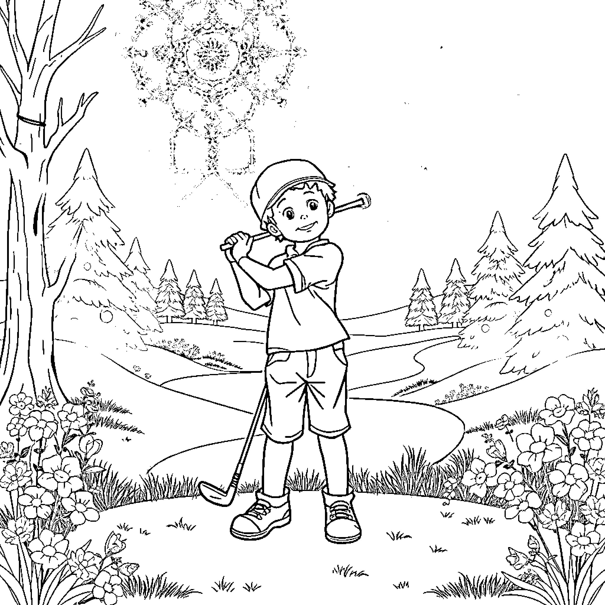 Boy admiring winter wonderland scene Coloring Page (free black-and-white line drawing printable PDF for all, from beginners to advanced learners, including children, teens, adults, and seniors)
