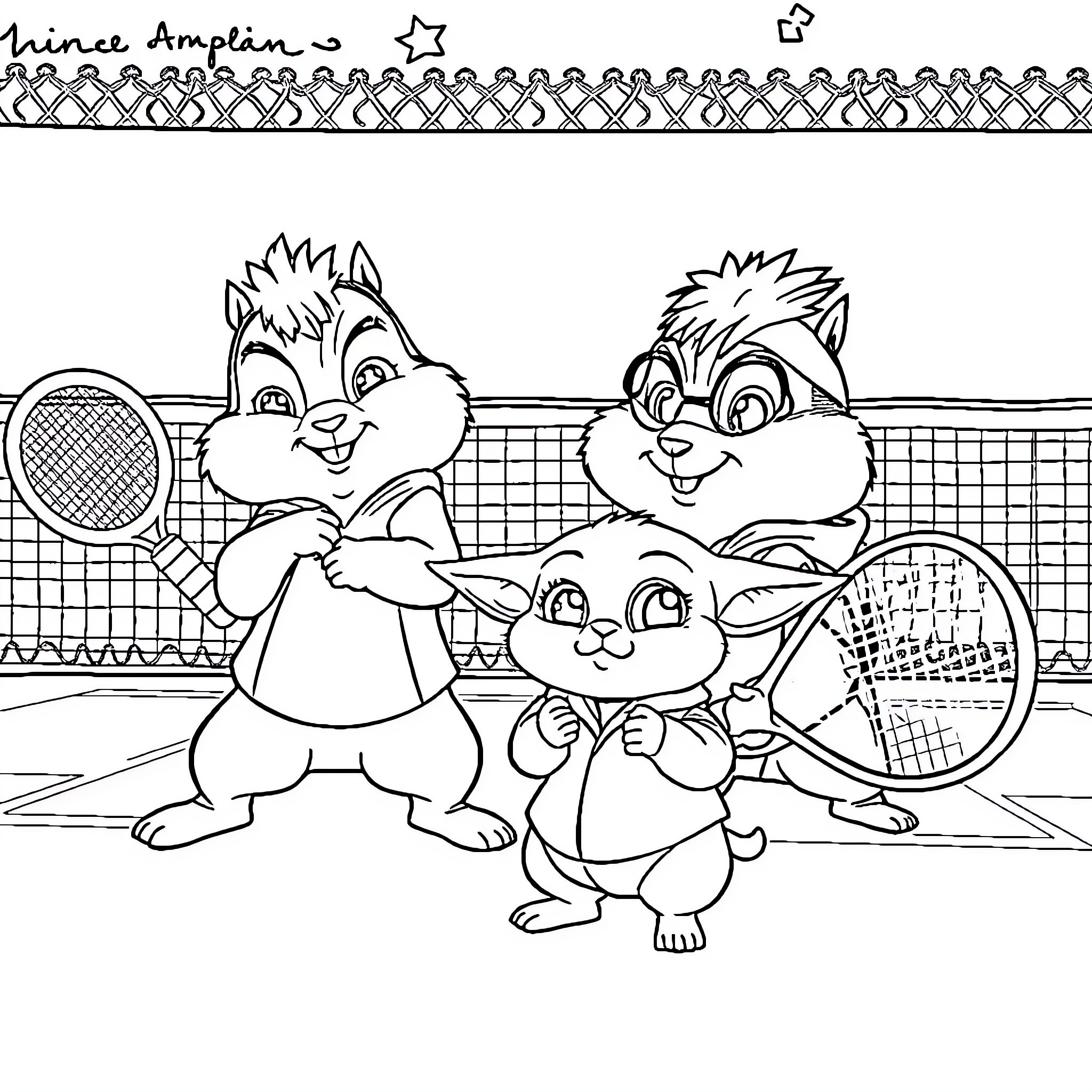 Chipmunk friends playing tennis happily together Coloring Page (free black-and-white line drawing printable PDF for all, from beginners to advanced learners, including children, teens, adults, and seniors)
