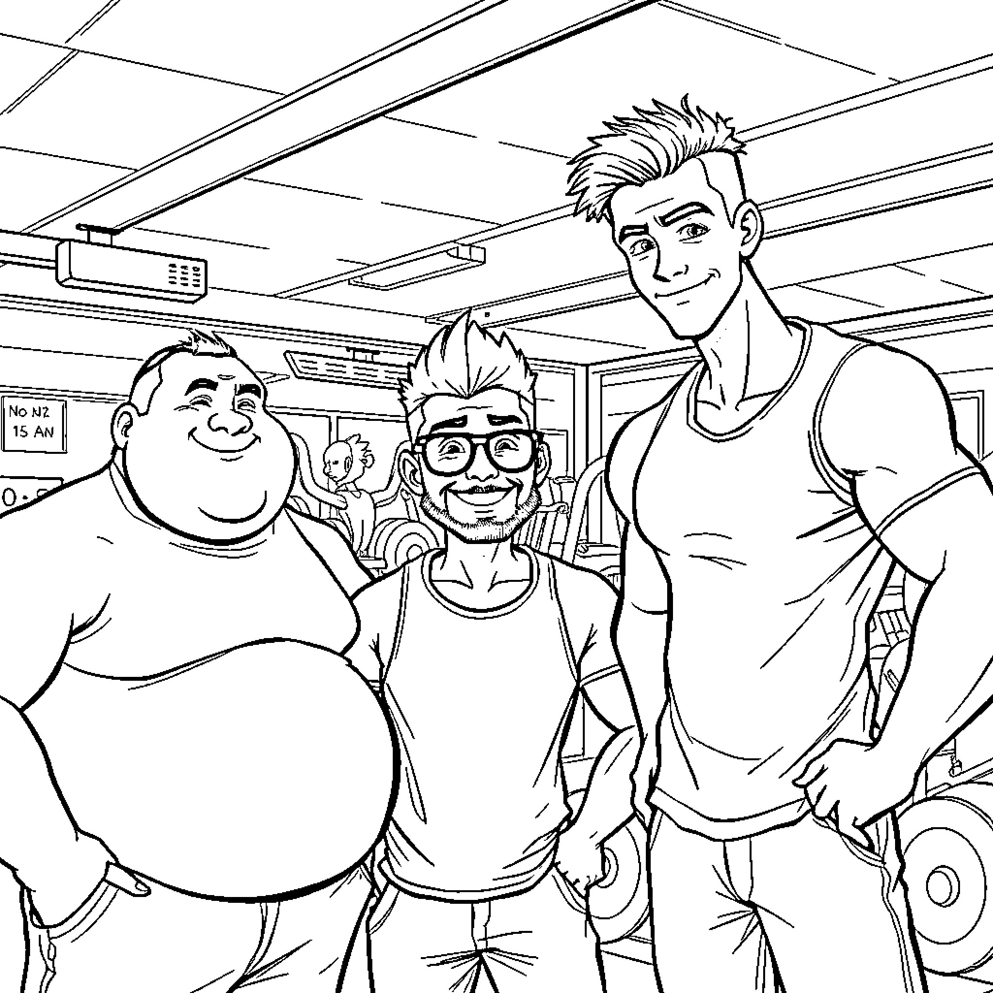 Guy Posing With Friends in Gym Coloring Page (free black-and-white line drawing printable PDF for all, from beginners to advanced learners, including children, teens, adults, and seniors)