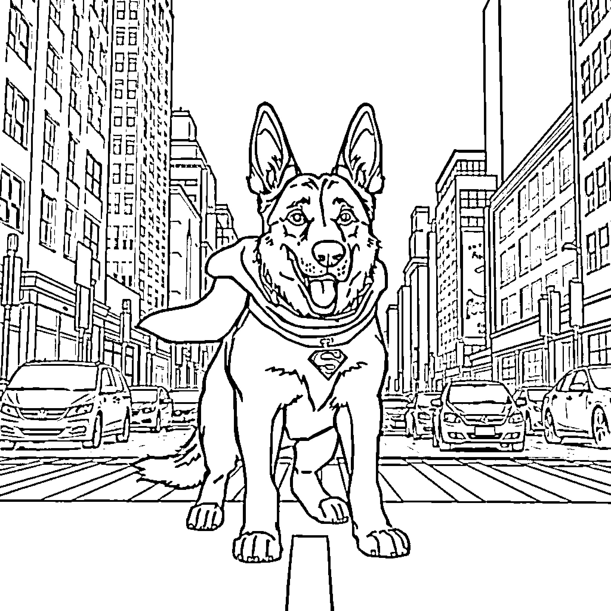 German Shepherd superhero in the city Coloring Page (free black-and-white line drawing printable PDF for all, from beginners to advanced learners, including children, teens, adults, and seniors)