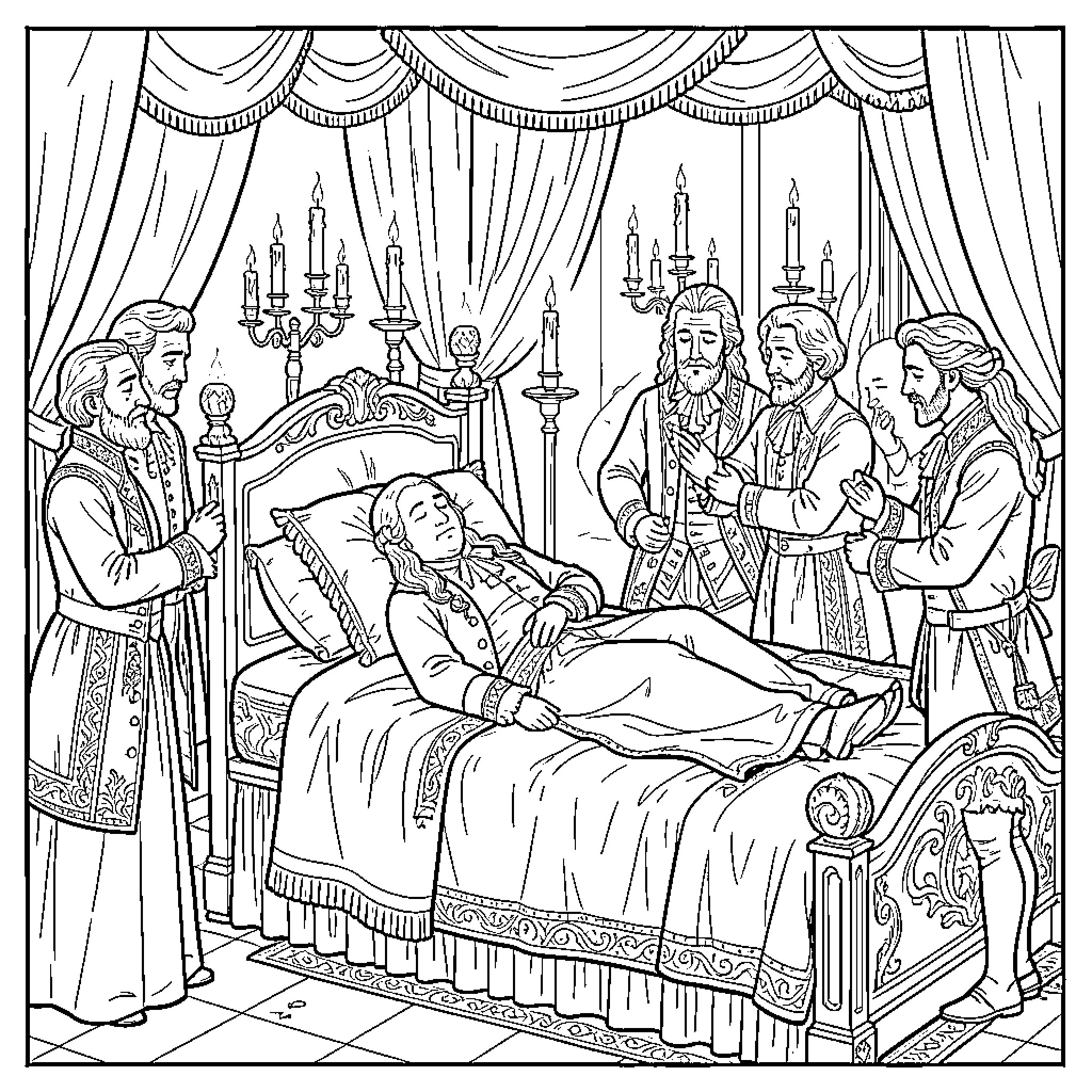 Louis XIV resting in bed surrounded by attendants Coloring Page (free black-and-white line drawing printable PDF for all, from beginners to advanced learners, including children, teens, adults, and seniors)