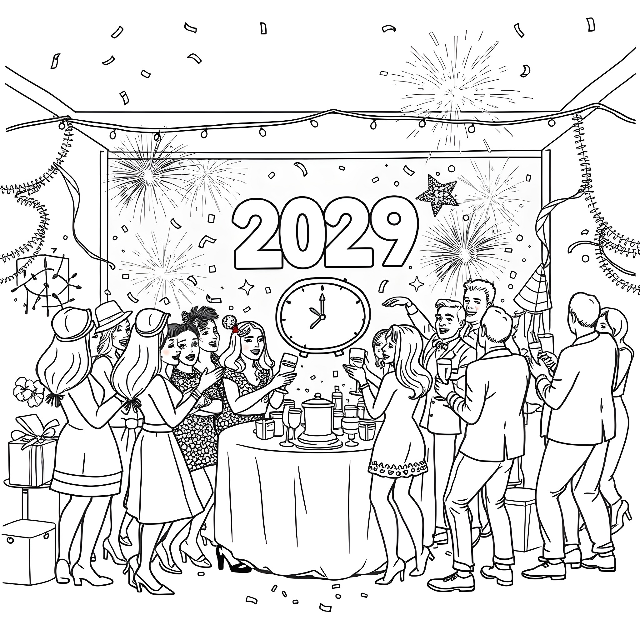 New Year Party Celebration with Festive Decorations Coloring Page (free black-and-white line drawing printable PDF for all, from beginners to advanced learners, including children, teens, adults, and seniors)