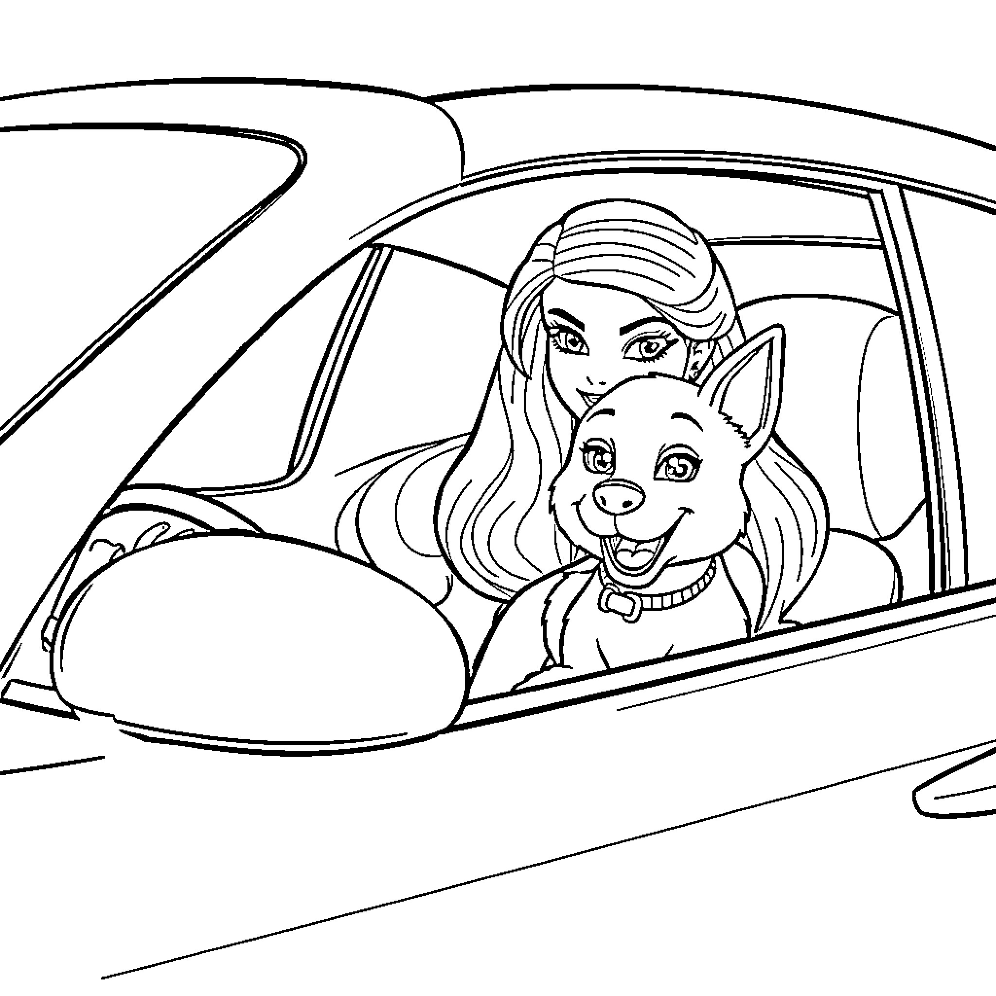 Barbie driving car with her pet dog Coloring Page (free black-and-white line drawing printable PDF for all, from beginners to advanced learners, including children, teens, adults, and seniors)