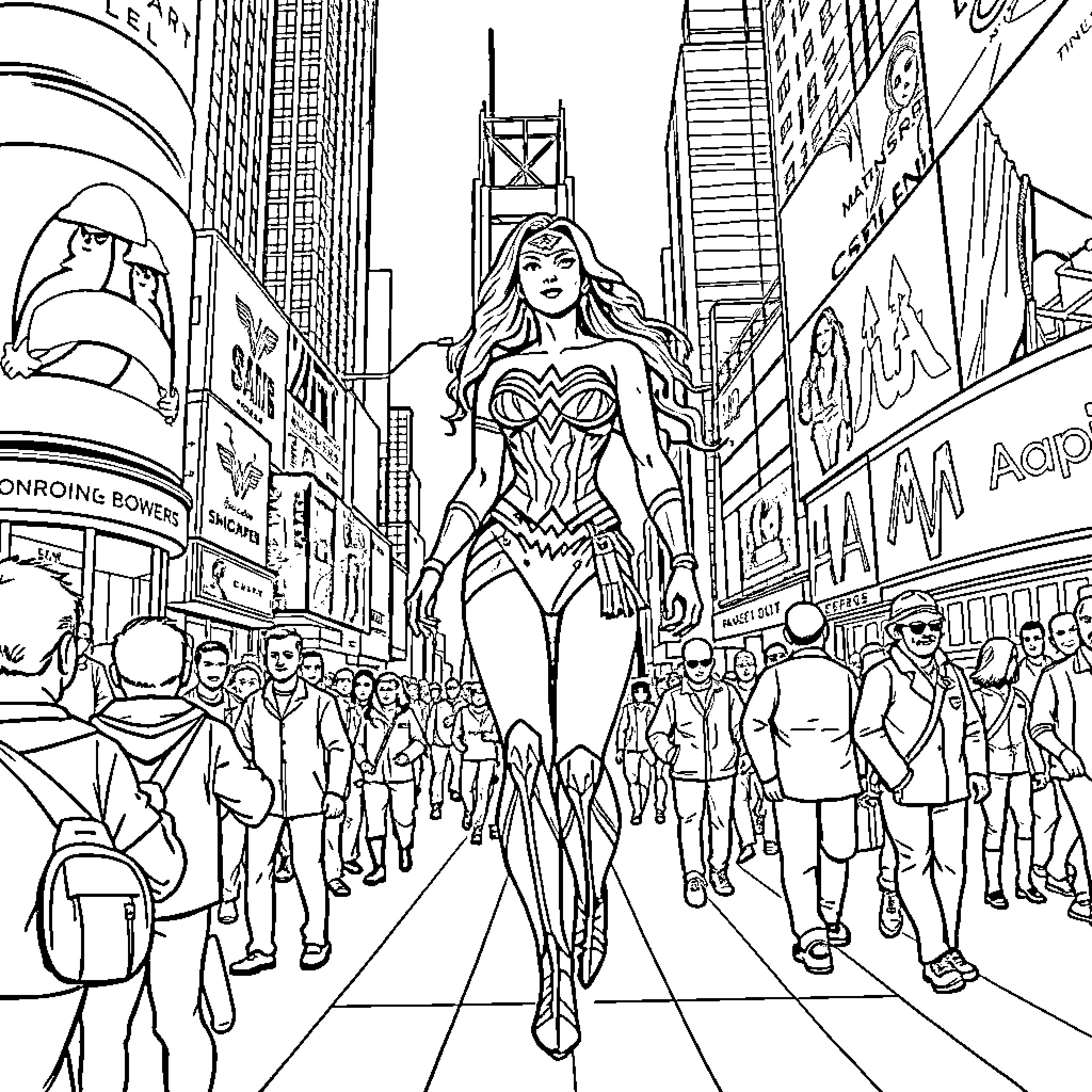 Wonder Woman Heroically Stands Tall in Times Square Coloring Page (free black-and-white line drawing printable PDF for all, from beginners to advanced learners, including children, teens, adults, and seniors)