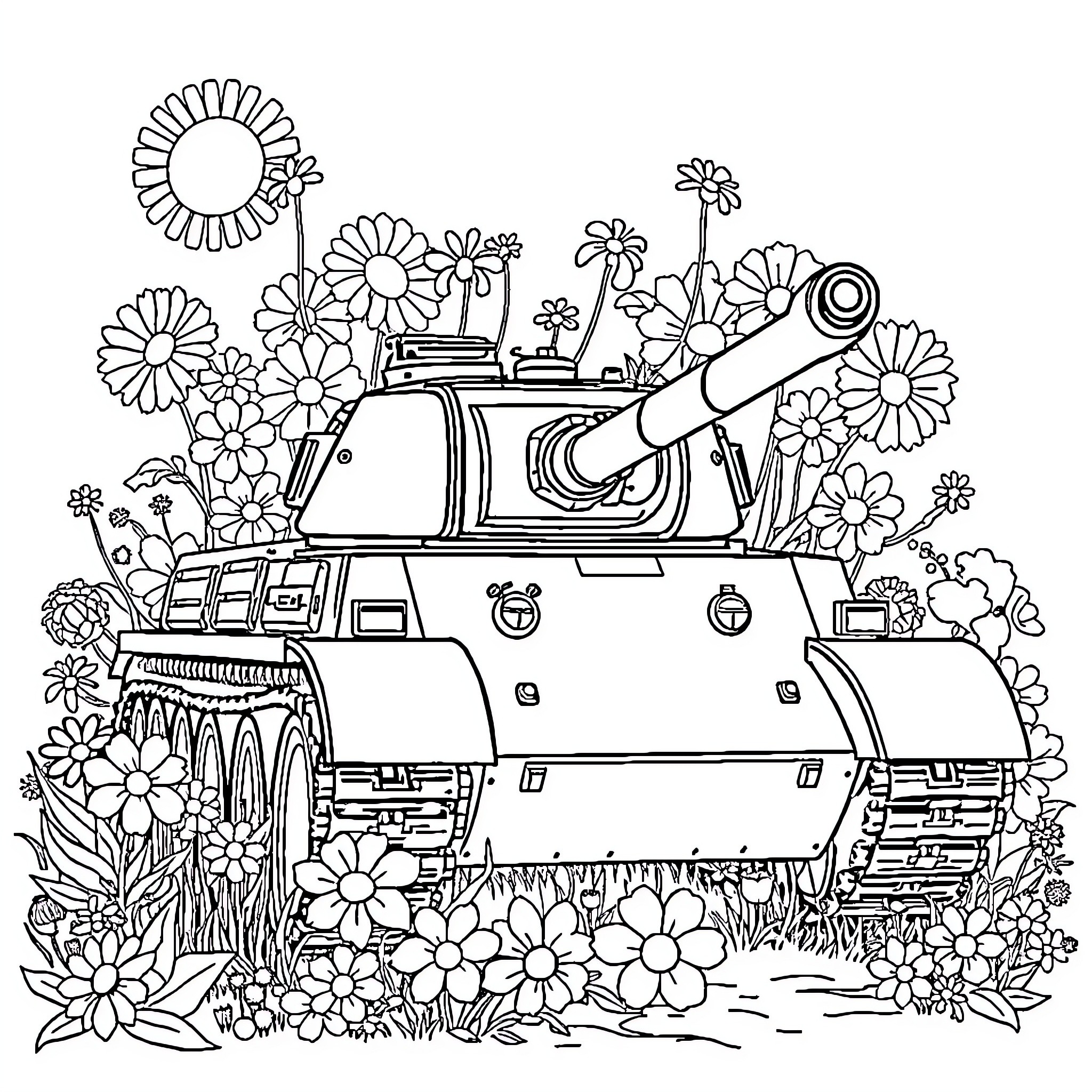 Tank surrounded by blooming flowers in nature Coloring Page (free black-and-white line drawing printable PDF for all, from beginners to advanced learners, including children, teens, adults, and seniors)