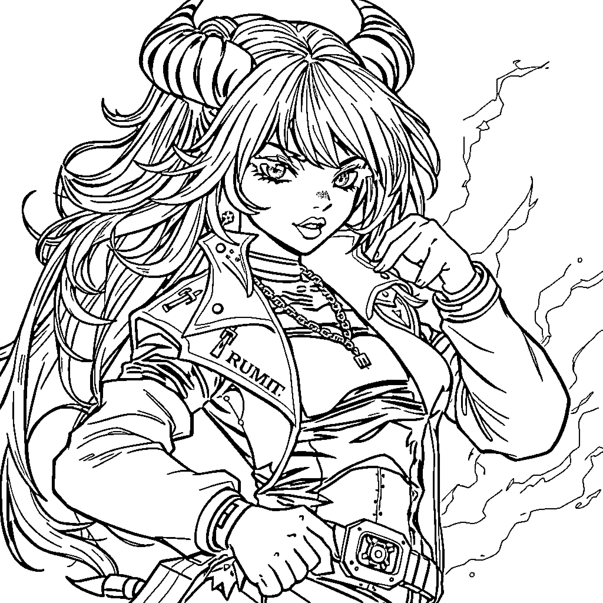 Rumi's Defiant Gaze and Powerful Attire Coloring Page (free black-and-white line drawing printable PDF for all, from beginners to advanced learners, including children, teens, adults, and seniors)