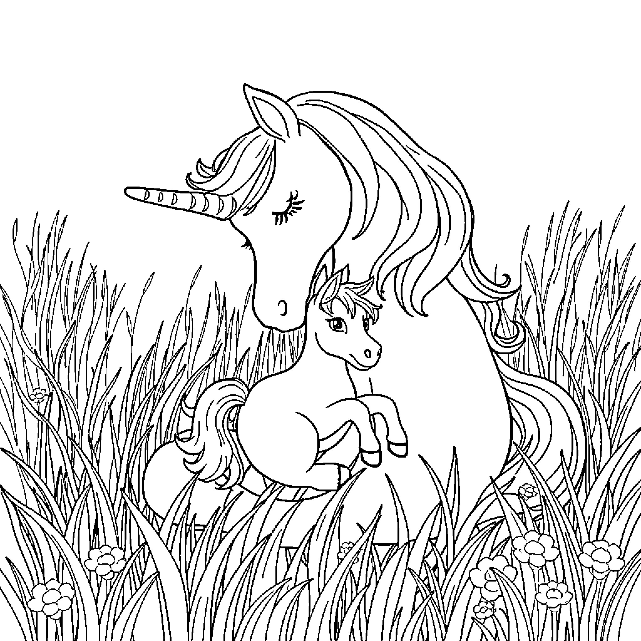 Unicorn prancing through a flowery meadow Coloring Page (free black-and-white line drawing printable PDF for all, from beginners to advanced learners, including children, teens, adults, and seniors)