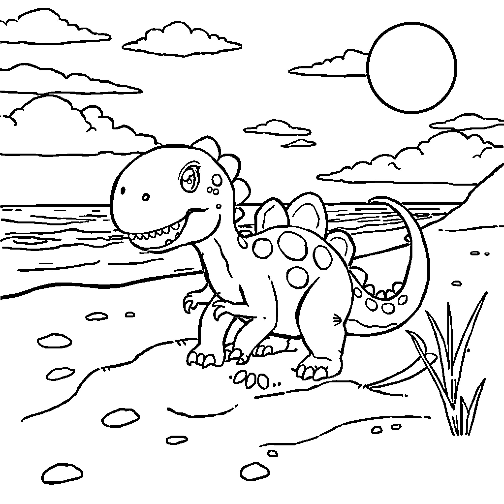 Dinosaur playing joyfully on the beach Coloring Page (free black-and-white line drawing printable PDF for all, from beginners to advanced learners, including children, teens, adults, and seniors)