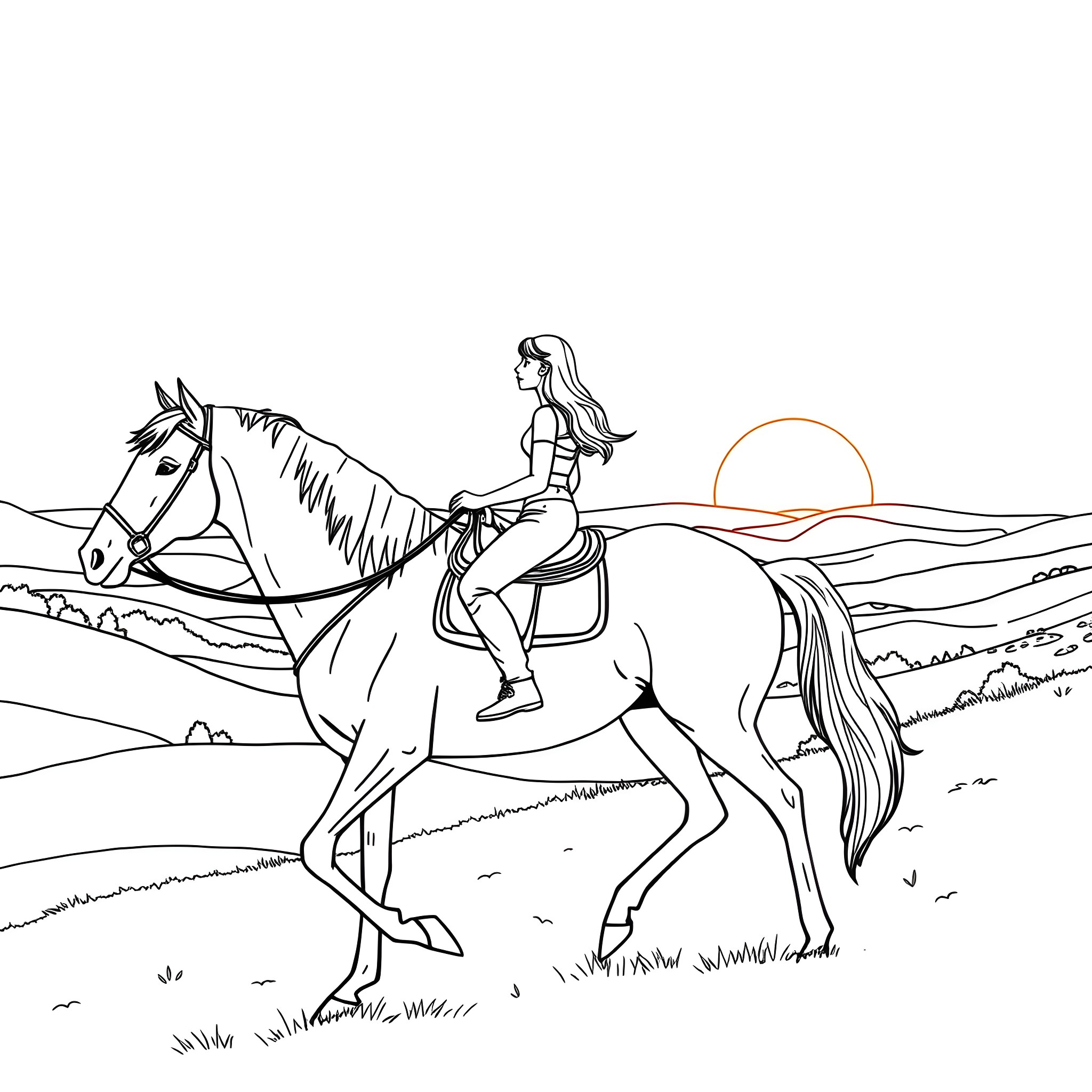 Horse rider enjoying scenic outdoors Coloring Page (free black-and-white line drawing printable PDF for all, from beginners to advanced learners, including children, teens, adults, and seniors)