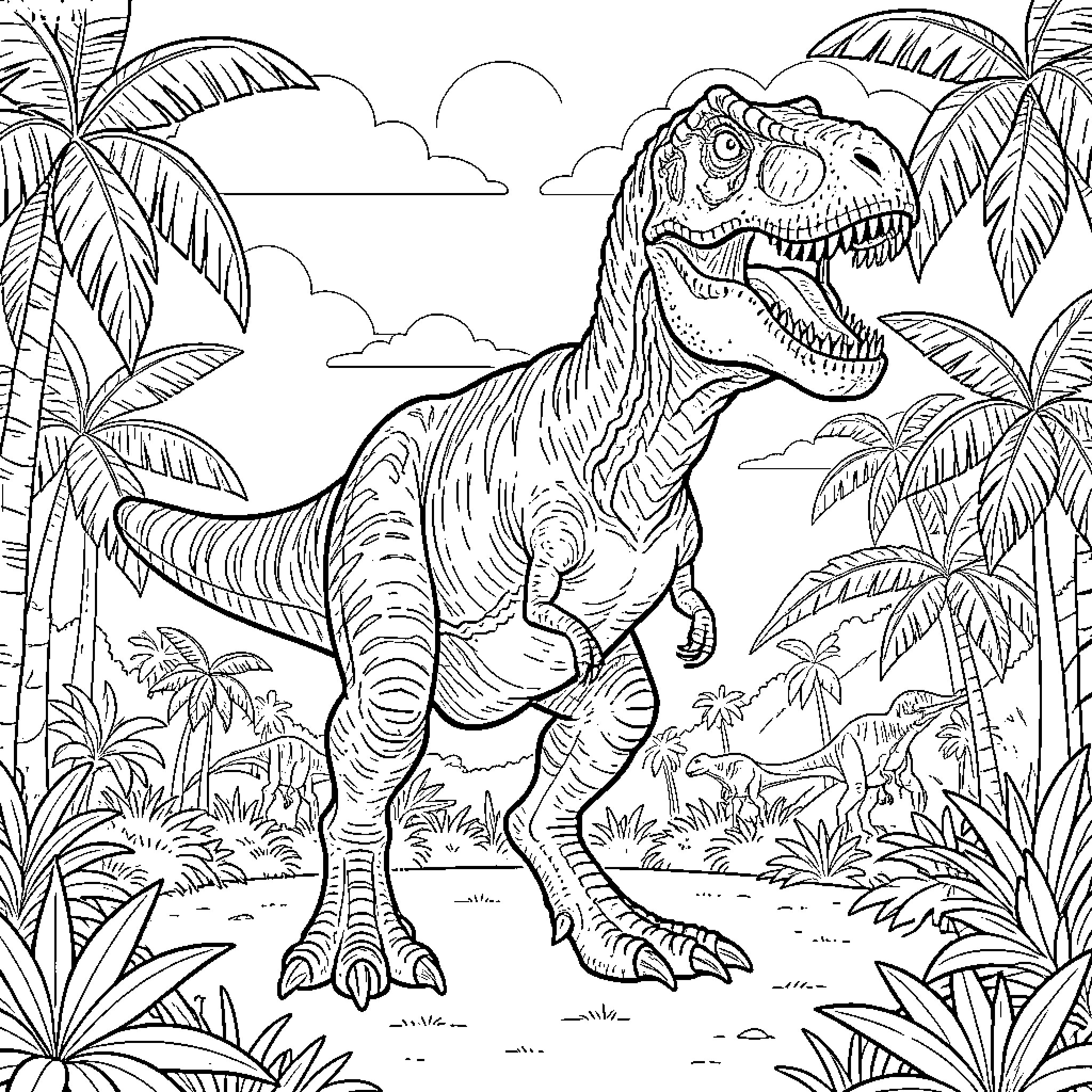 Tyrannosaurus roaring in a lush tropical jungle Coloring Page (free black-and-white line drawing printable PDF for all, from beginners to advanced learners, including children, teens, adults, and seniors)