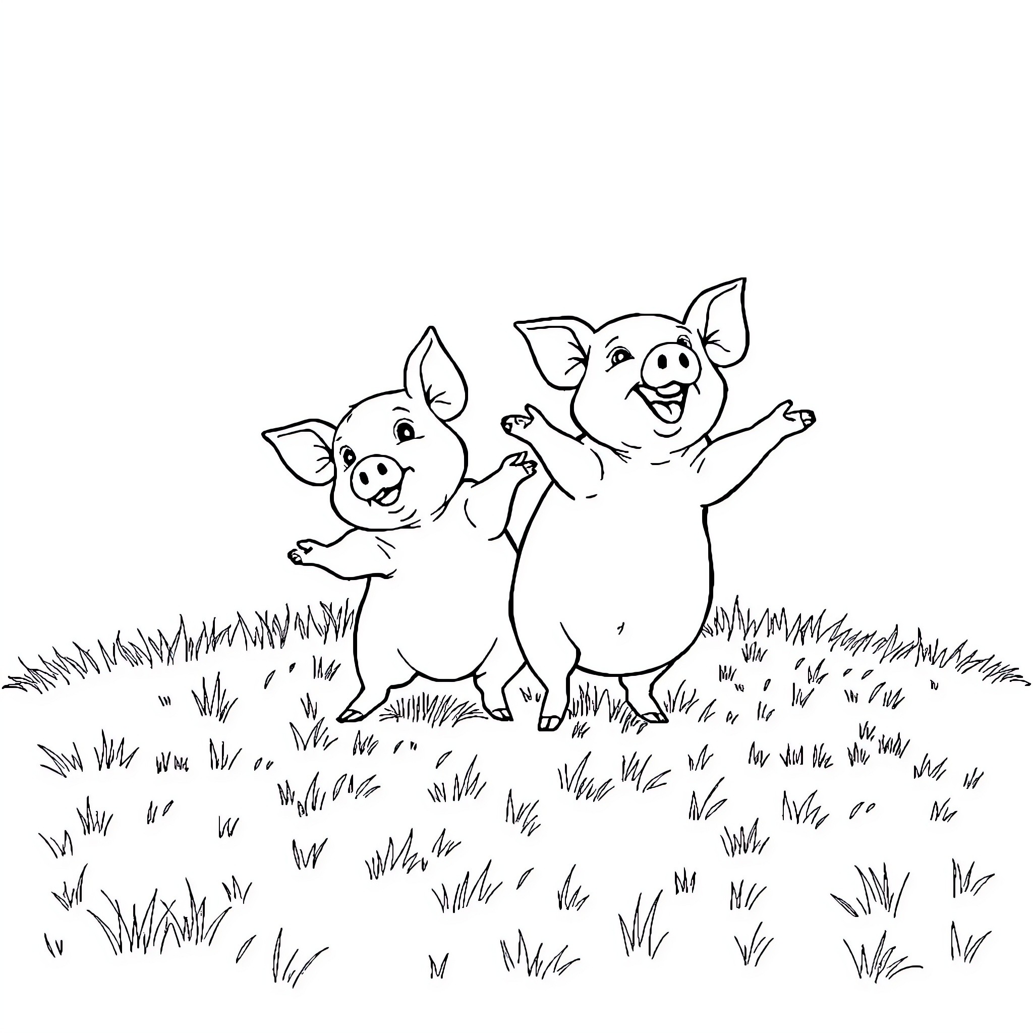Pigs playing joyfully in the field Coloring Page (free black-and-white line drawing printable PDF for all, from beginners to advanced learners, including children, teens, adults, and seniors)